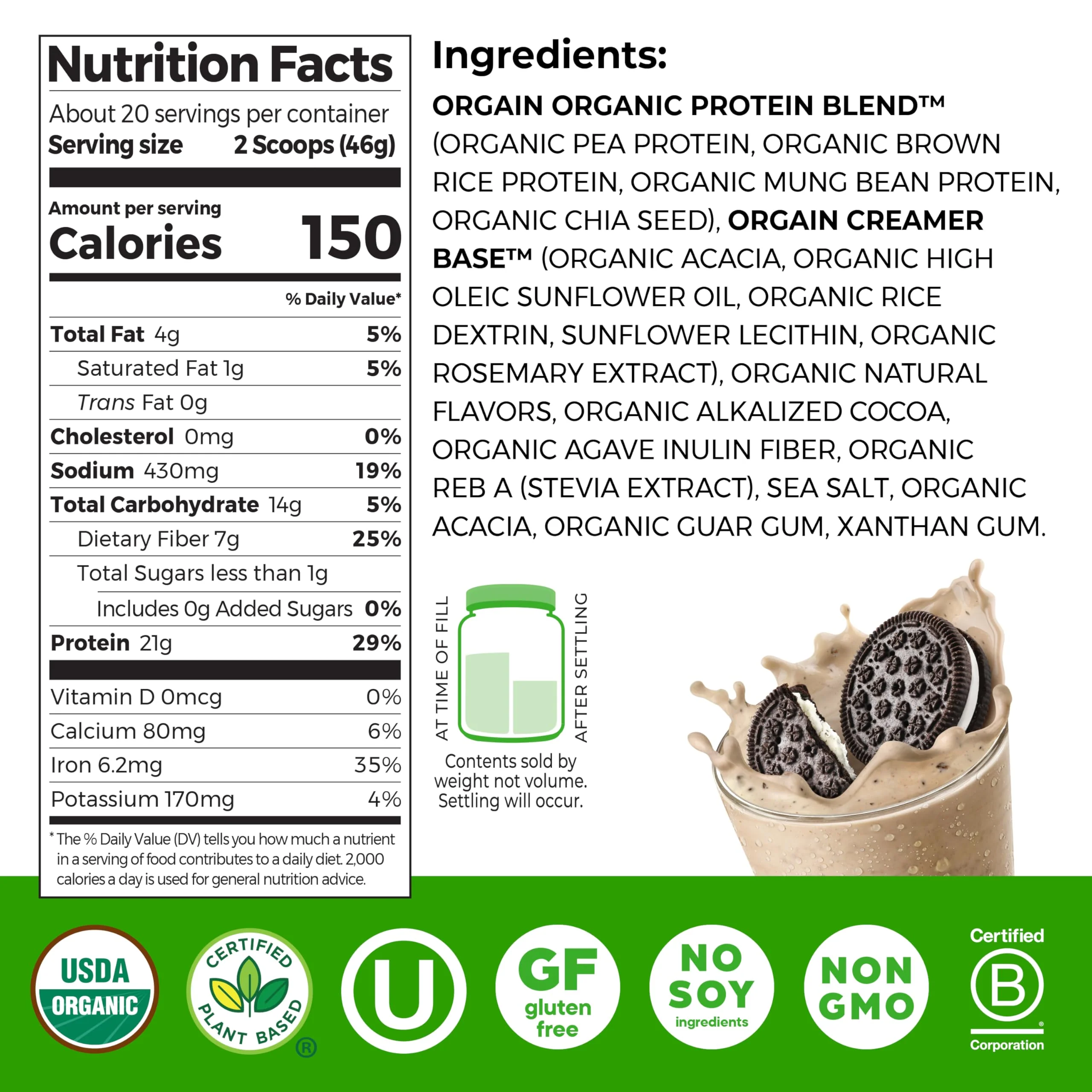 Orgain Organic Vegan Protein Powder, Cookies & Cream - 21g Plant Based Protein, 7g Prebiotic Fiber, Low Net Carb, No Lactose Ingredients, No Added Sugar, Non-GMO, For Shakes & Smoothies, 2.03 lb - Image 8