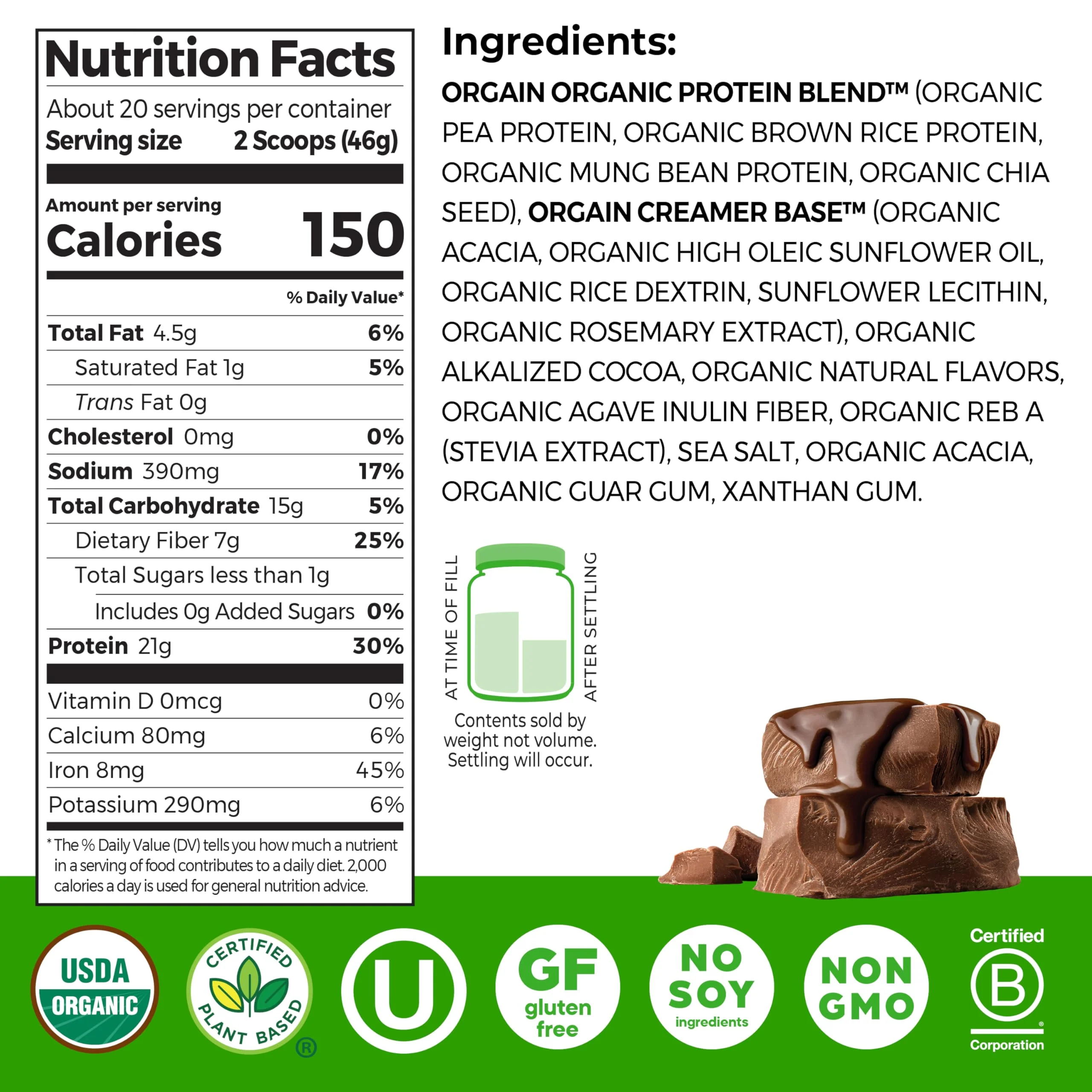 Orgain Organic Vegan Protein Powder, Creamy Chocolate Fudge - 21g Plant Protein, 6g Prebiotic Fiber, Low Net Carb, No Lactose Ingredients, No Added Sugar, Non-GMO, For Shakes & Smoothies, 2.03 lb - Image 7