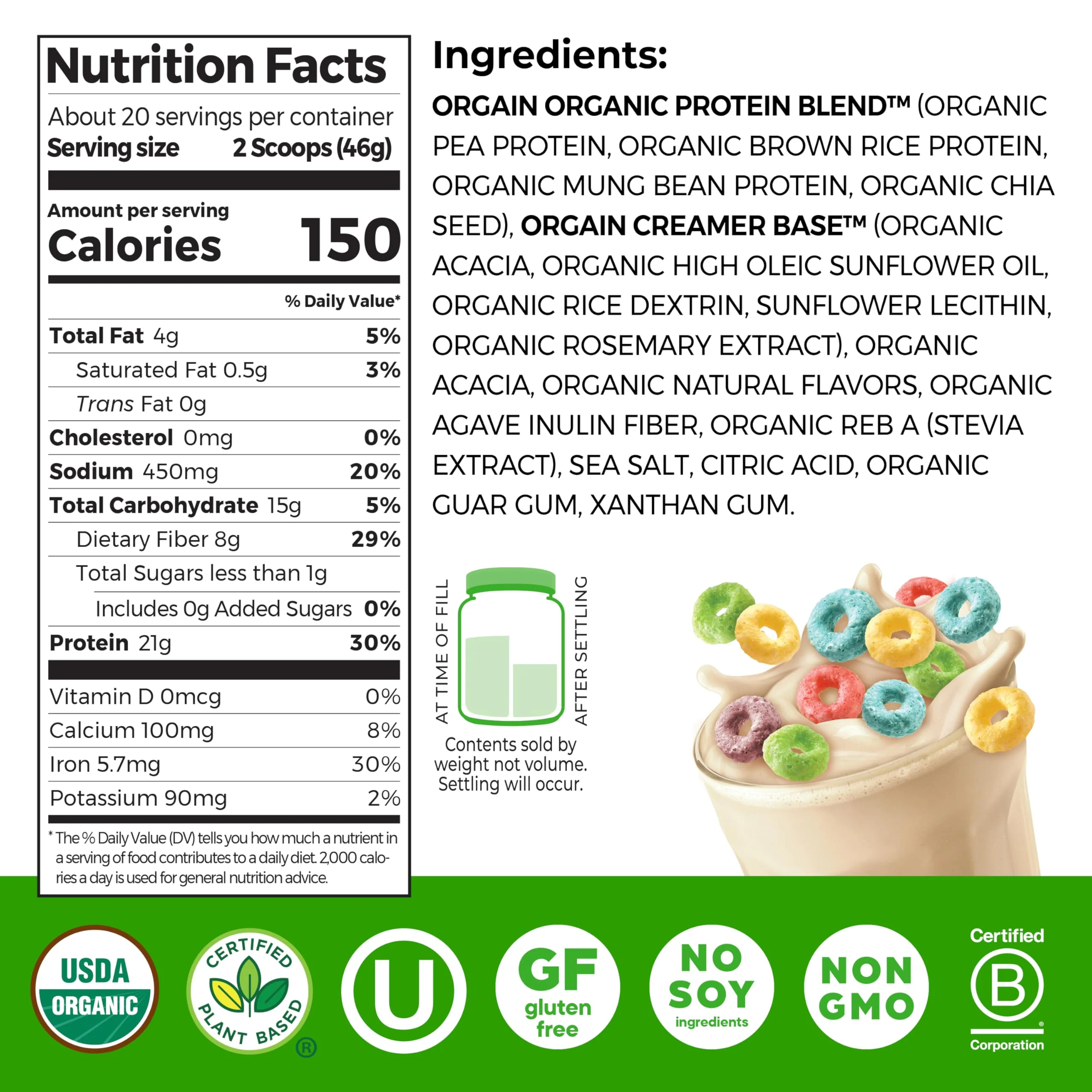 Orgain Organic Vegan Protein Powder, Fruity Cereal - 21g Plant Based Protein, 8g Prebiotic Fiber, Low Net Carb, No Lactose Ingredients, No Added Sugar, Non-GMO, For Shakes & Smoothies, 2.03 lb - Image 7