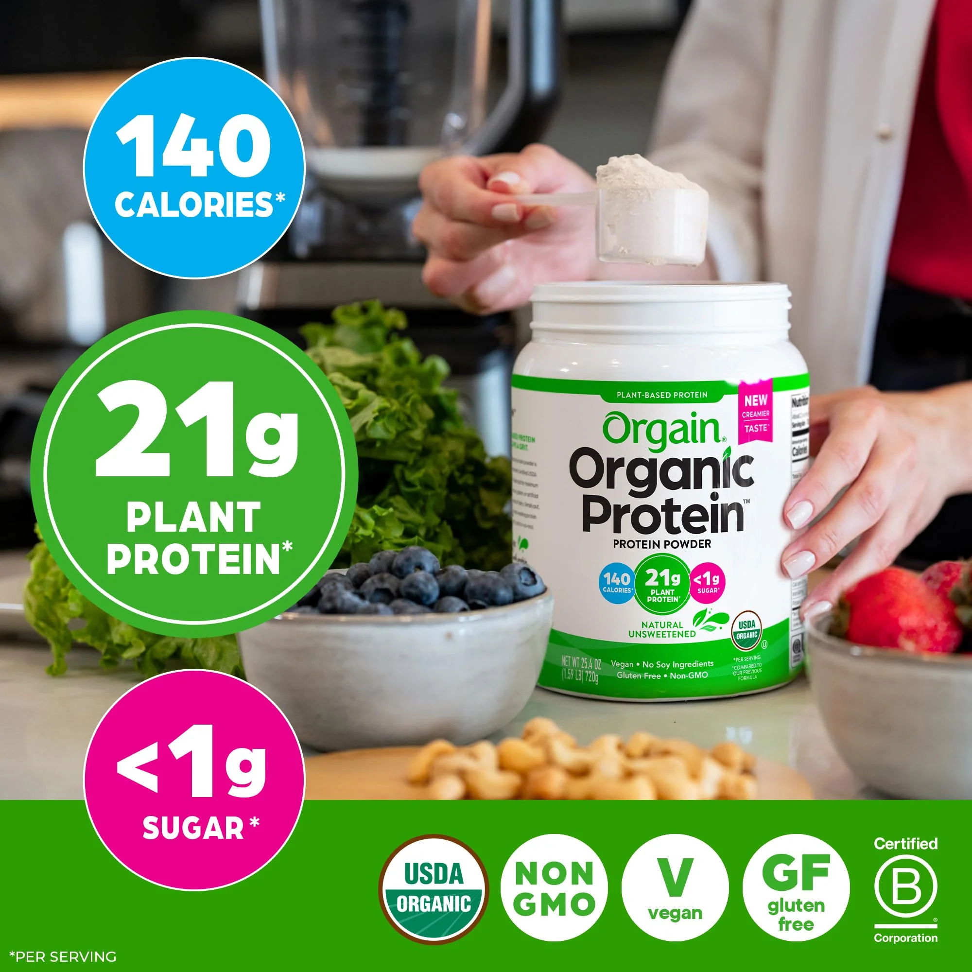 Orgain Organic Vegan Protein Powder, Natural Unsweetened - 21g of Unflavored Plant Protein, 4g Prebiotic Fiber, Low Net Carbs, No Added Sugar, Non-GMO, For Shakes & Recipes, 1.59 lb - Image 4