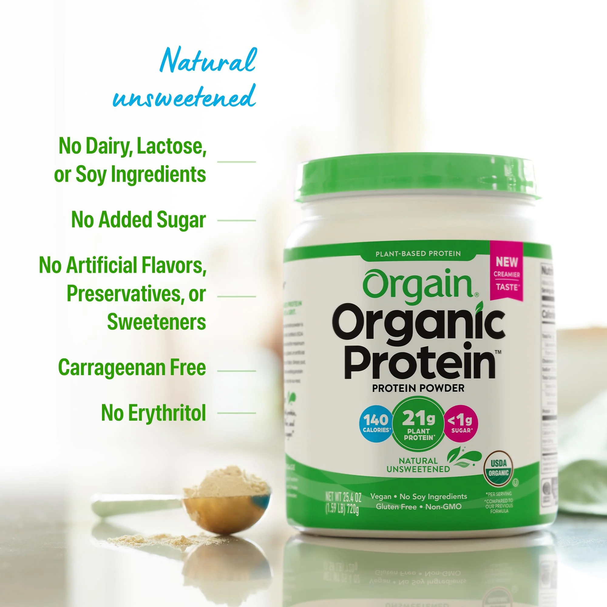 Orgain Organic Vegan Protein Powder, Natural Unsweetened - 21g of Unflavored Plant Protein, 4g Prebiotic Fiber, Low Net Carbs, No Added Sugar, Non-GMO, For Shakes & Recipes, 1.59 lb - Image 5