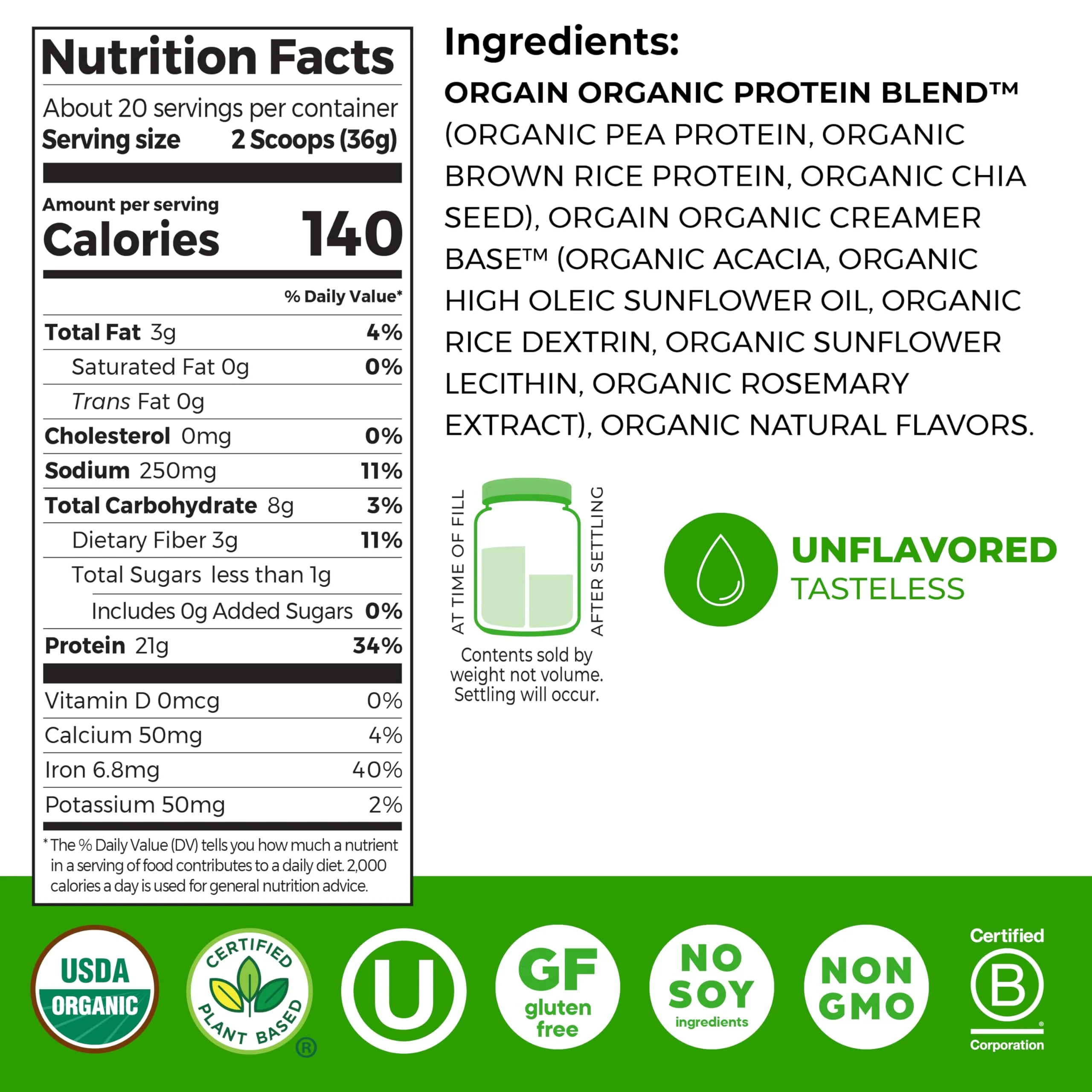 Orgain Organic Vegan Protein Powder, Natural Unsweetened - 21g of Unflavored Plant Protein, 4g Prebiotic Fiber, Low Net Carbs, No Added Sugar, Non-GMO, For Shakes & Recipes, 1.59 lb - Image 8