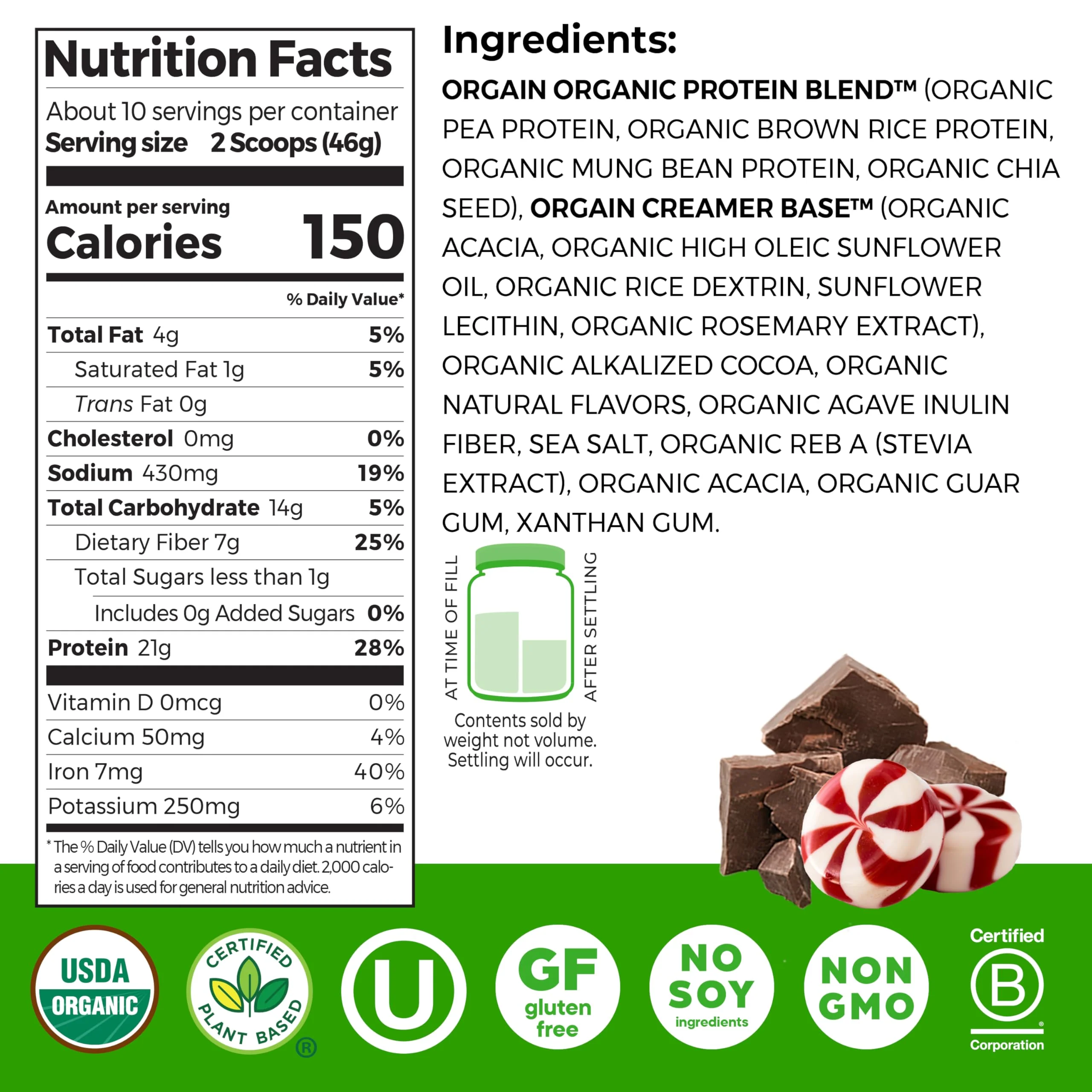 Orgain Organic Vegan Protein Powder, Peppermint Hot Cocoa Holiday Flavor - 21g of Plant Protein, 5g Prebiotic Fiber, No Lactose Ingredients, No Added Sugar, Non-GMO, For Shakes & Smoothies, 1.02 lb - Image 9