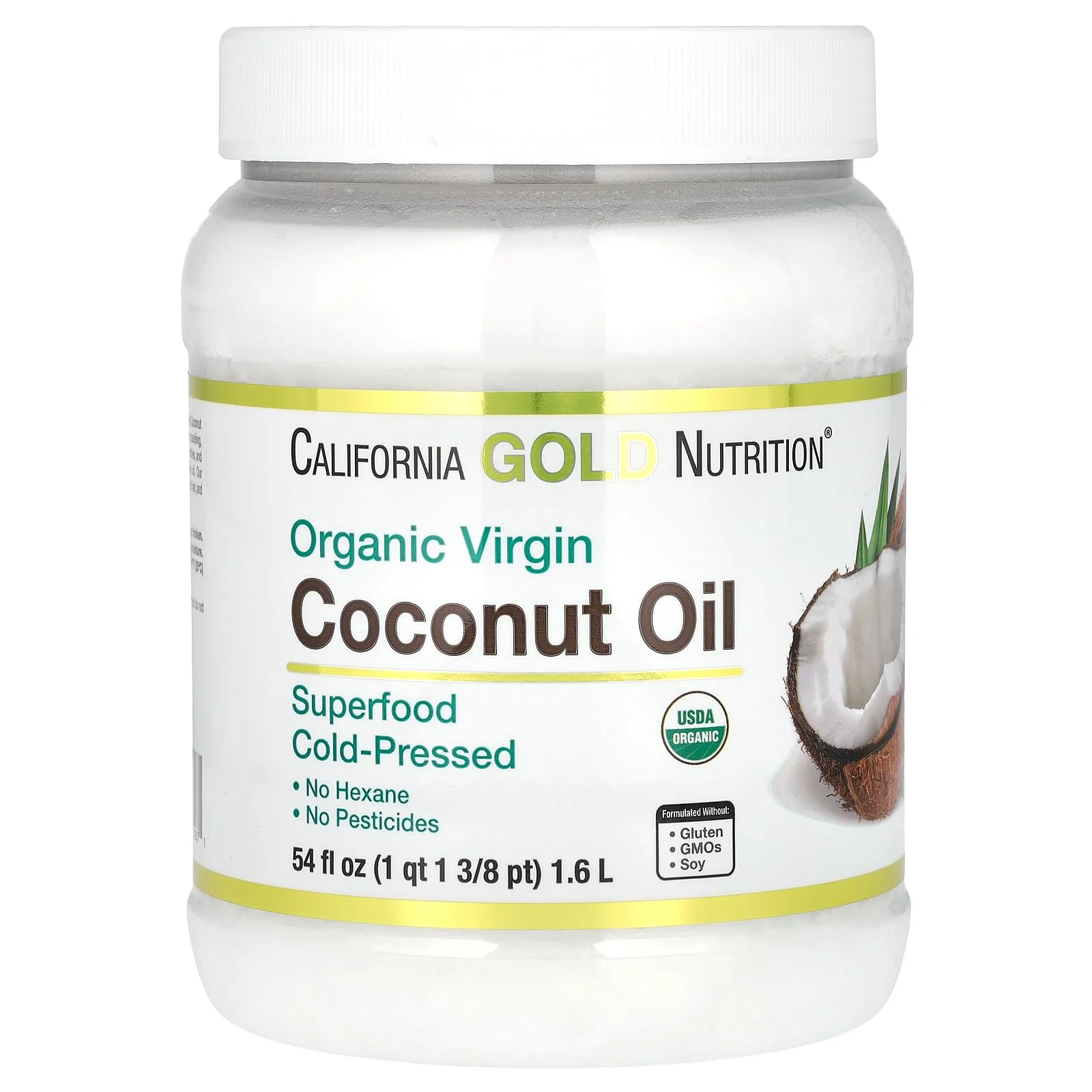 Organic Coconut Oil, Extra Virgin, Unrefined, Certified USDA Organic, Cold-Pressed, Non-GMO, Hexane and Pesticide free, 54 fl oz (1.6 L)