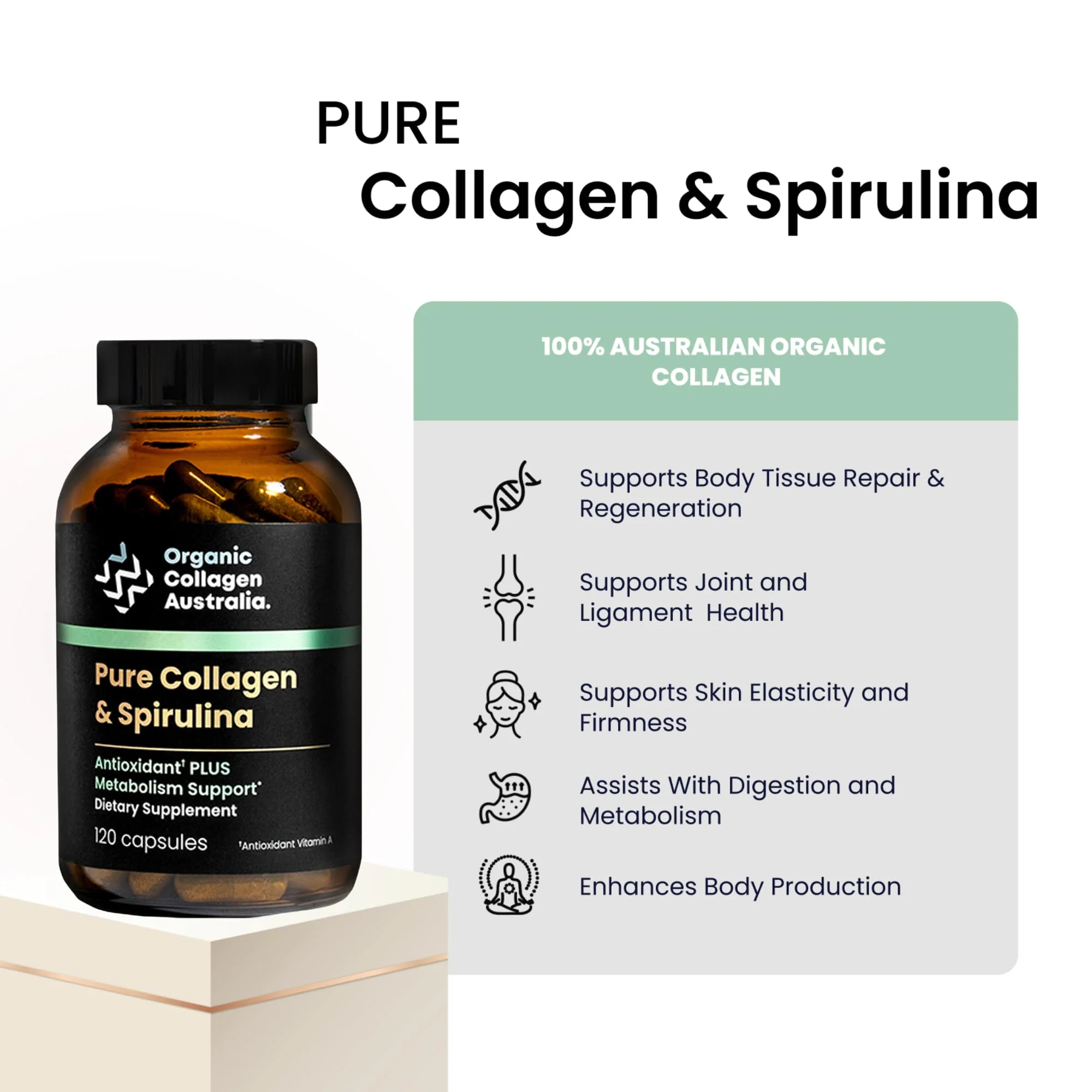 Organic Collagen Australia Pure Collagen & Spirulina Capsules – Antioxidant-Rich Supplement for Skin Elasticity, Joint Health, Metabolism Support & Energy (120 Capsules) - Image 8