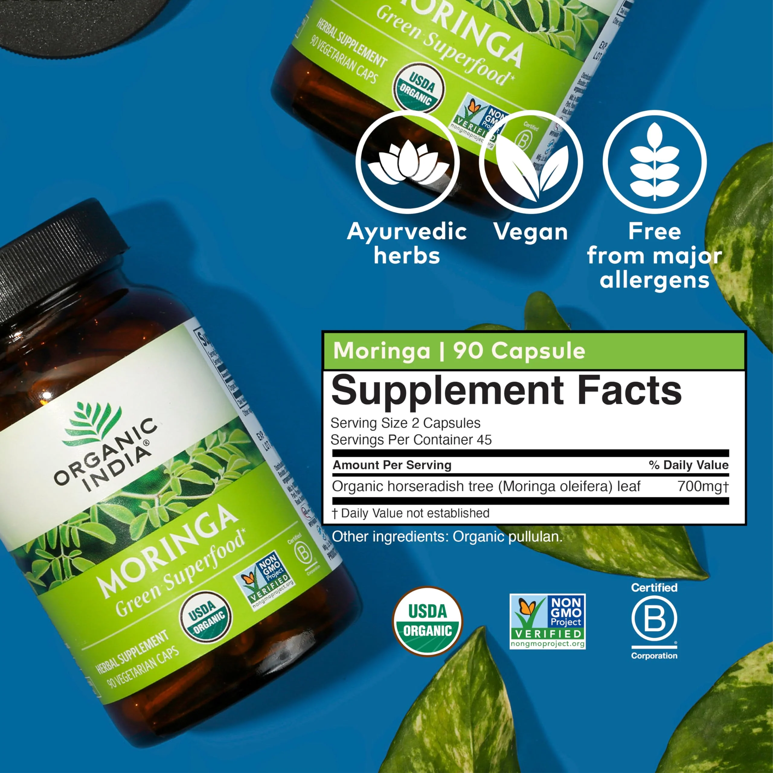 ORGANIC INDIA Moringa Herbal Supplement - Green Superfood, Nutrient Dense, Pure Plant Protein, Vitamin A, E, K, Iron, Calcium, Fiber, Vegan, Gluten-Free, USDA Certified Organic - 90 Capsules - Image 3