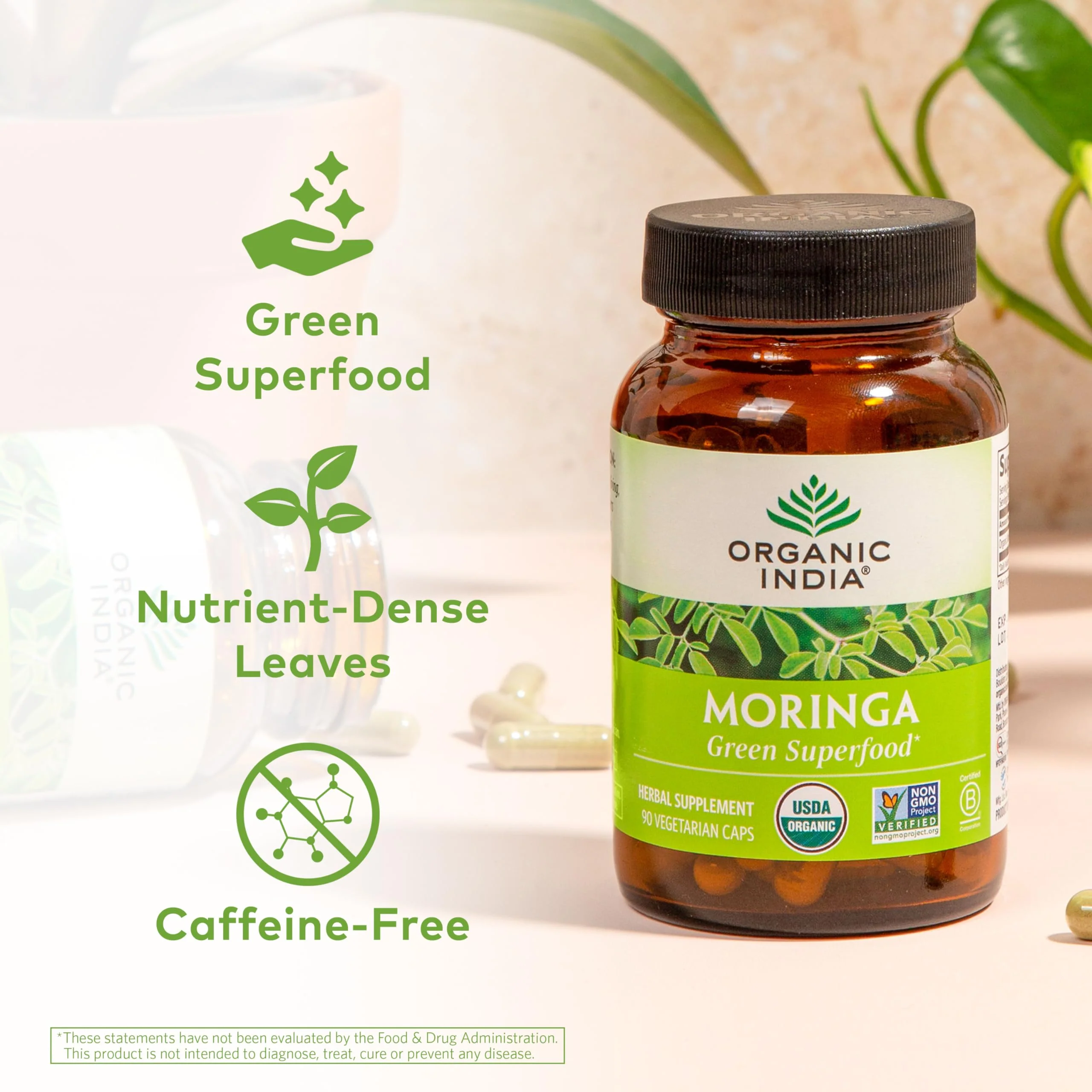 ORGANIC INDIA Moringa Herbal Supplement - Green Superfood, Nutrient Dense, Pure Plant Protein, Vitamin A, E, K, Iron, Calcium, Fiber, Vegan, Gluten-Free, USDA Certified Organic - 90 Capsules - Image 7