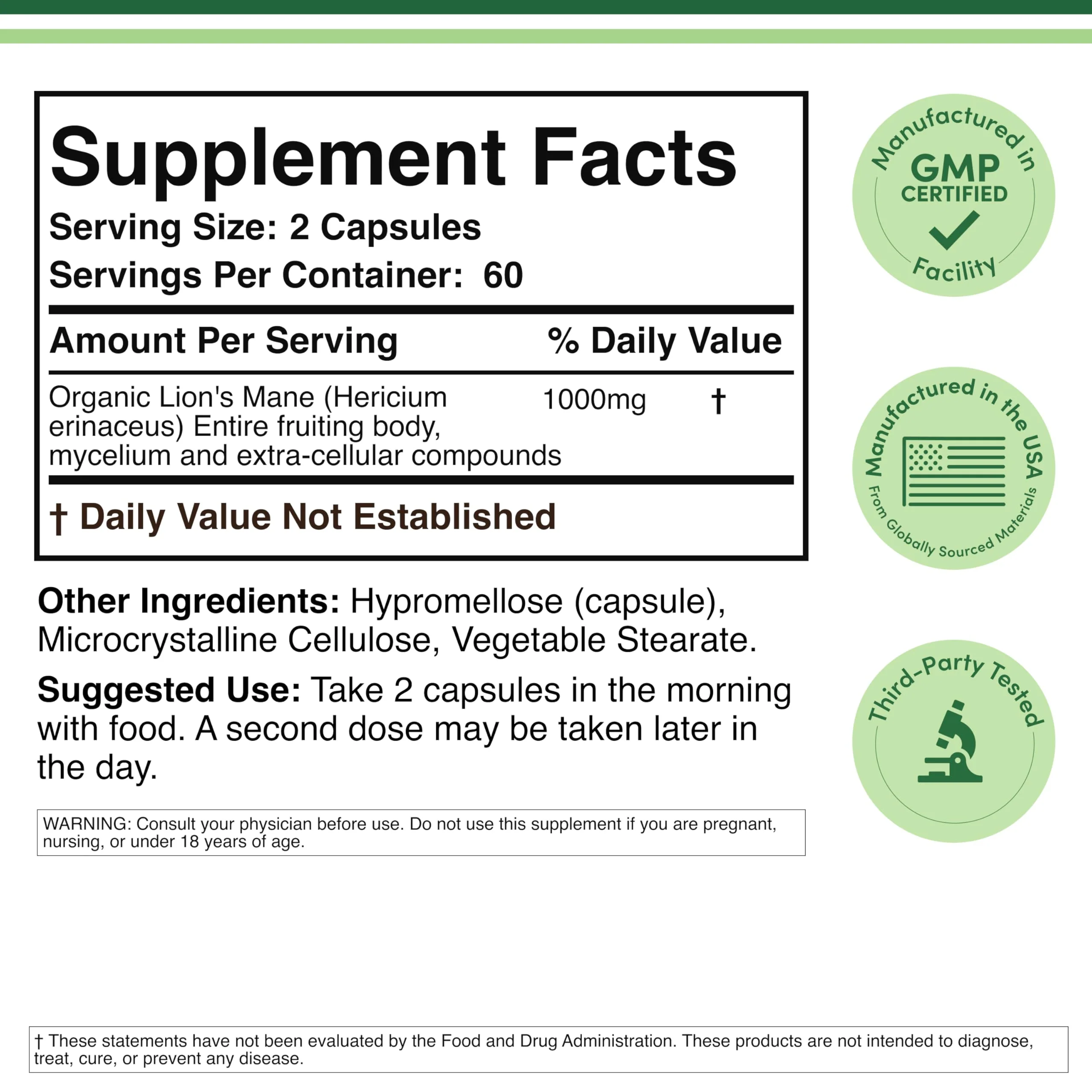 Organic Lions Mane Mushroom Capsules (120 Count), for Focus Support and Immune Health, Third Party Tested and Grown in The USA - by Double Wood - Image 7