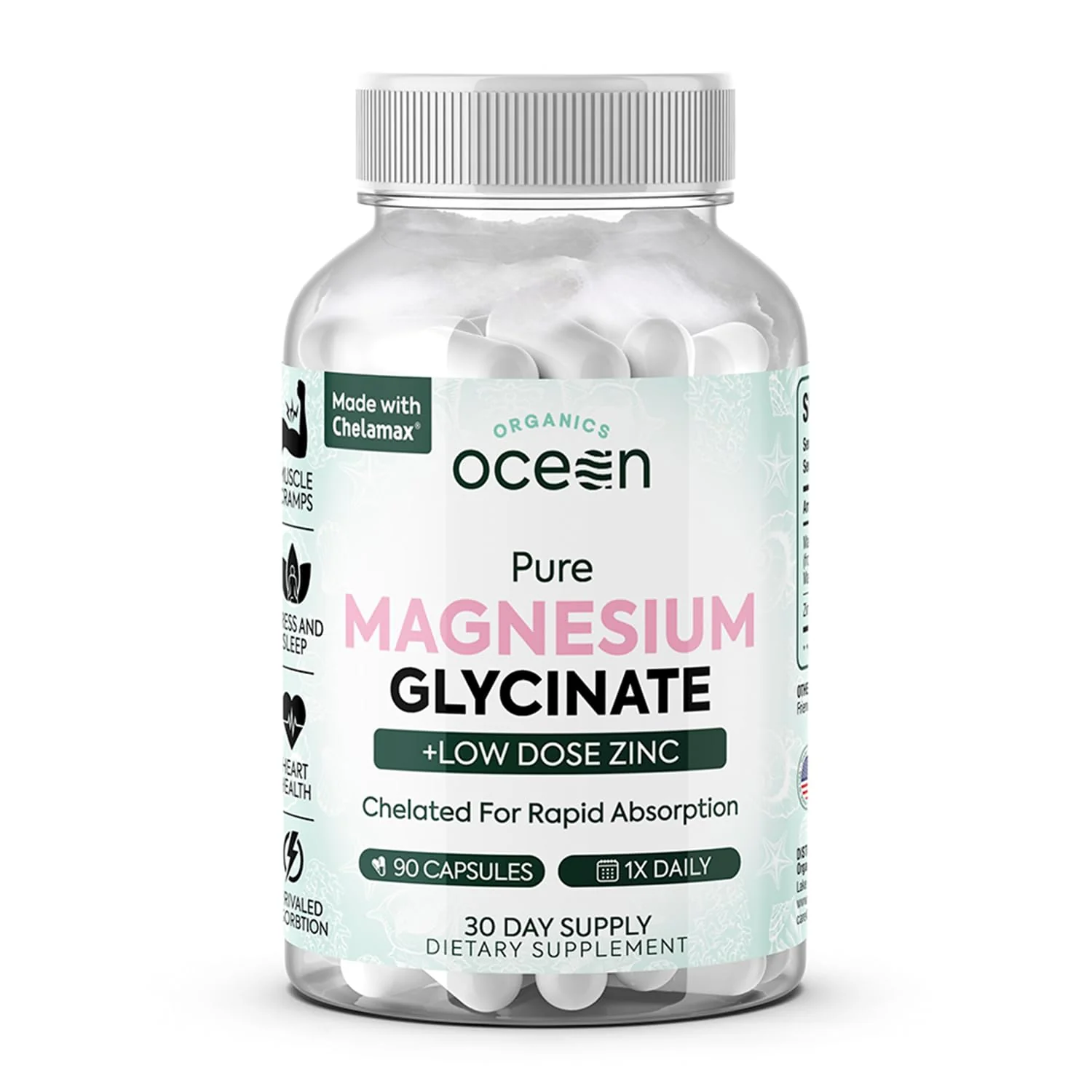 Organics Ocean Pure Magnesium Glycinate with Zinc - Maximum Strength Chelated Magnesium Supplement for Women and Men for Muscle Cramps and Sleep Support - 90 Capsule
