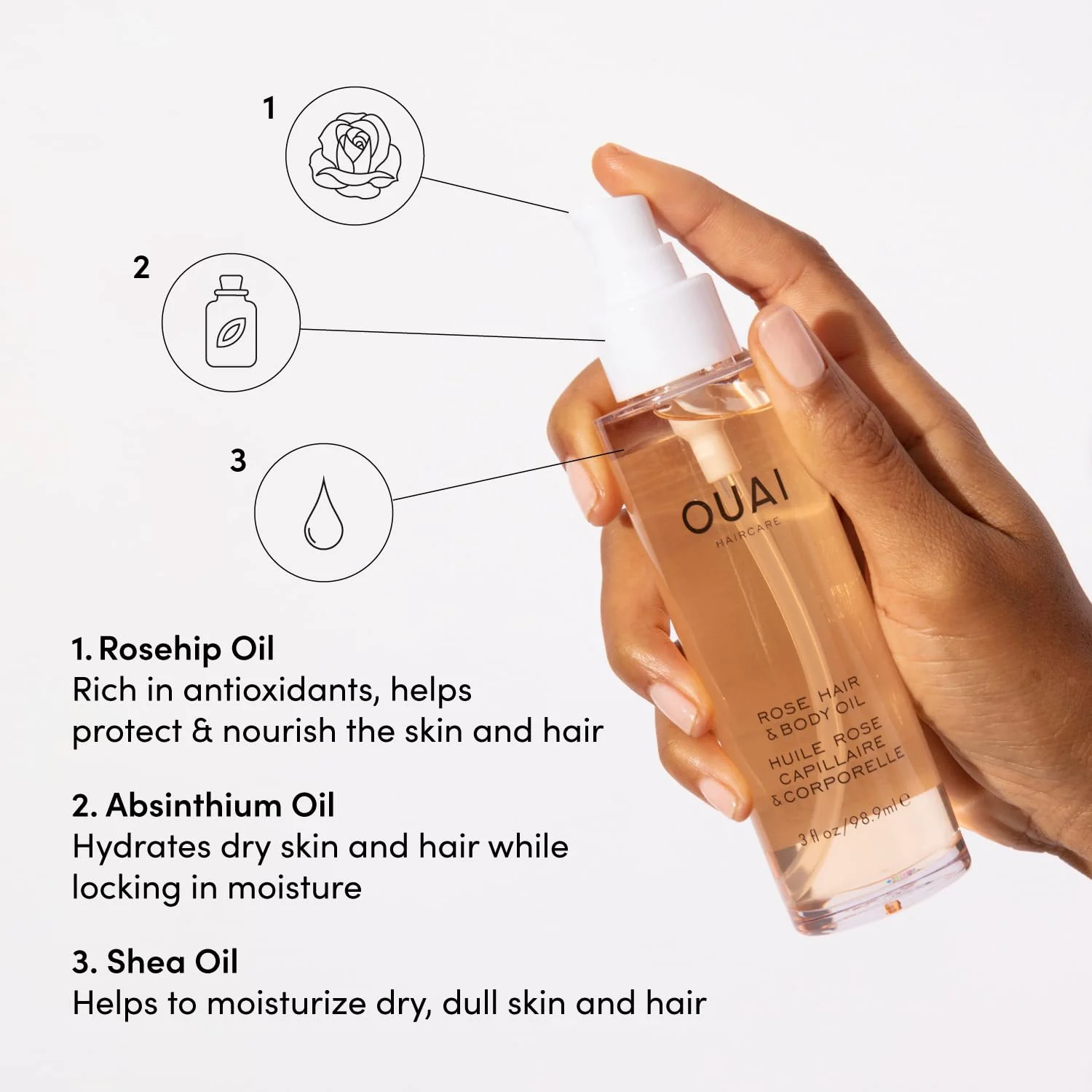OUAI Rose Hair and Body Oil, Melrose Place - Scented Body Oil for Skin and Hair - Hydrates Dry Ends, Restores Moisture, Fights Frizz and Adds a Radiant Glow (3 oz) - Image 5