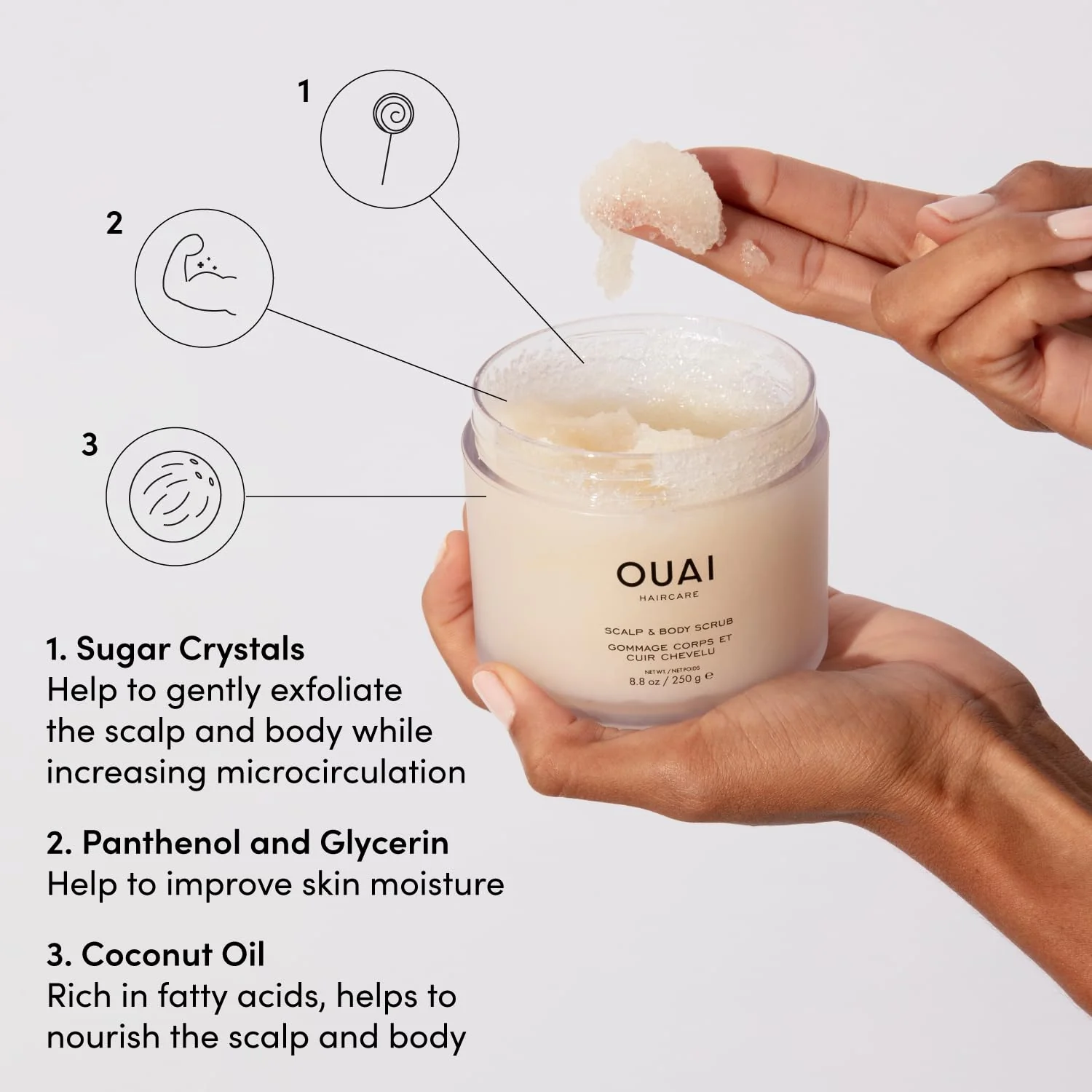 OUAI Scalp & Body Scrub, Melrose Place - Exfoliating Body Scrub with Sugar & Coconut Oil Blend for Smooth, Moisturized Skin - Gentle Scalp Exfoliator for Removing Product Build Up (8.8 Oz) - Image 4