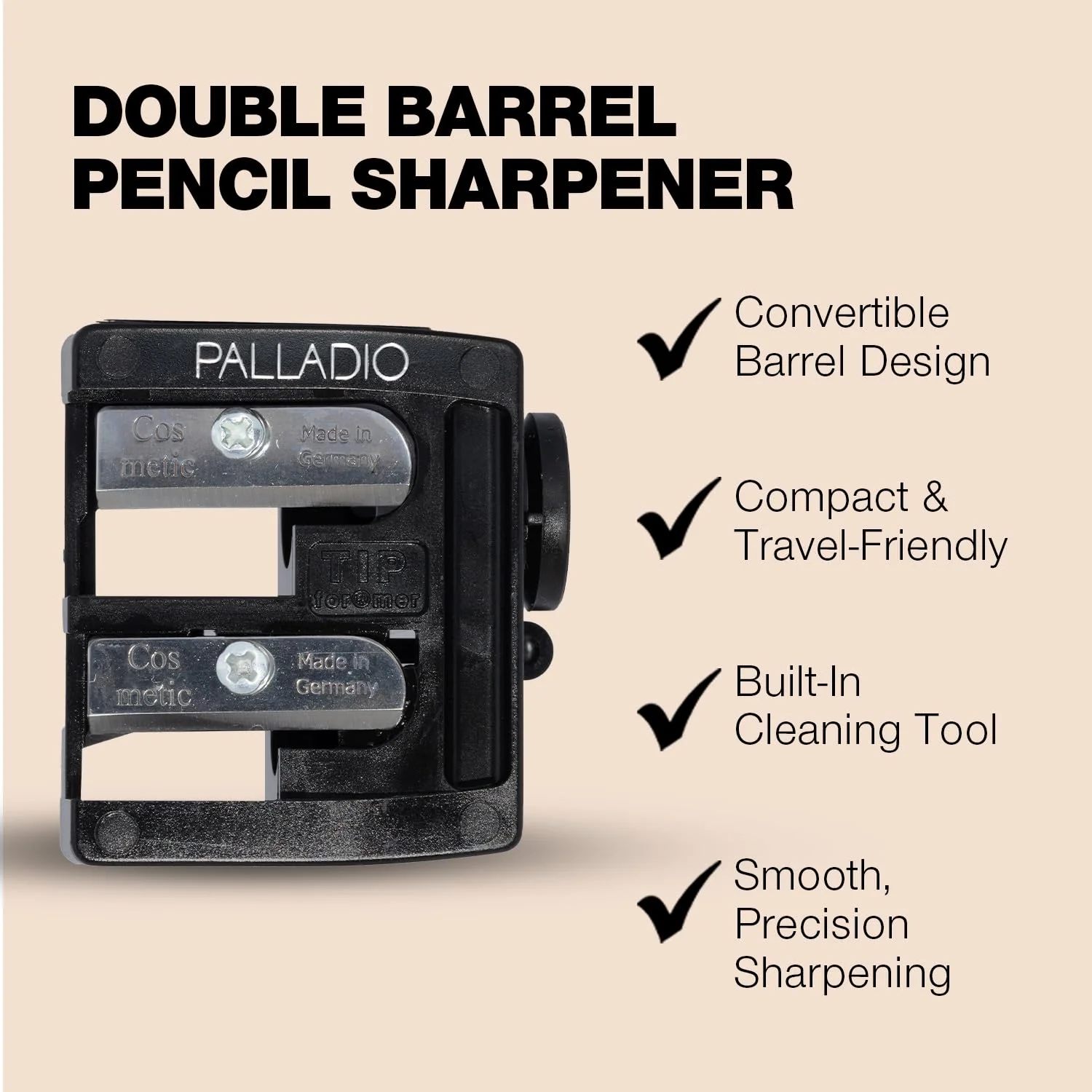 Palladio Double Barrel 3 in 1 Cosmetic Pencil Sharpener with Cover, Stainless Steel Blade, Size Adjuster, Essential for Small and Extra Large Lip Liner, Eyeliner, Brow Pencils - Image 8