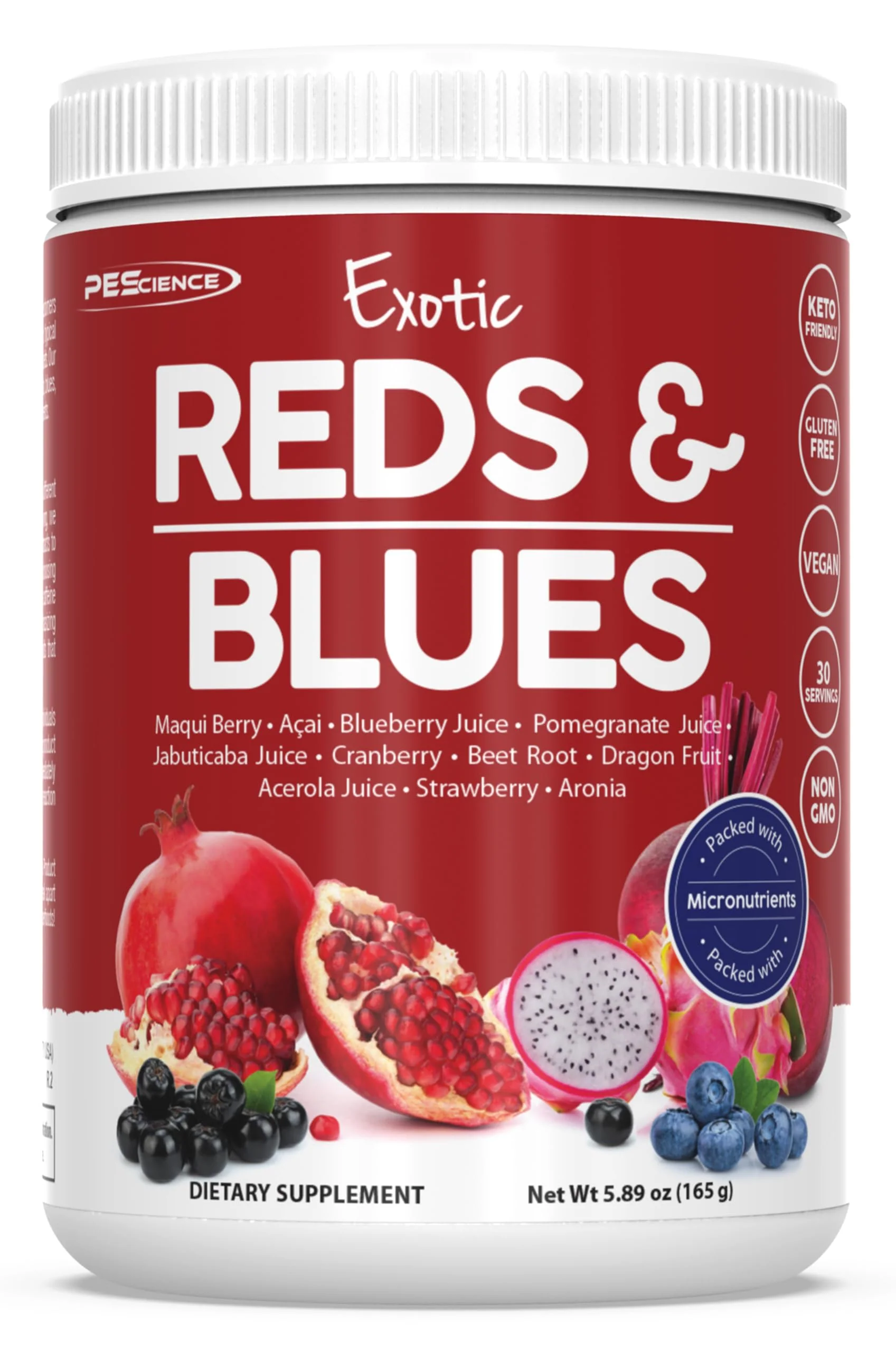 PEScience Exotic Reds & Blues, Red Superfoods Powder with Myo-Inositol, Beet Root Powder, Pomegranate and Acai Extract, Freeze-Dried Antioxidant Fruit Blend, 30 Servings