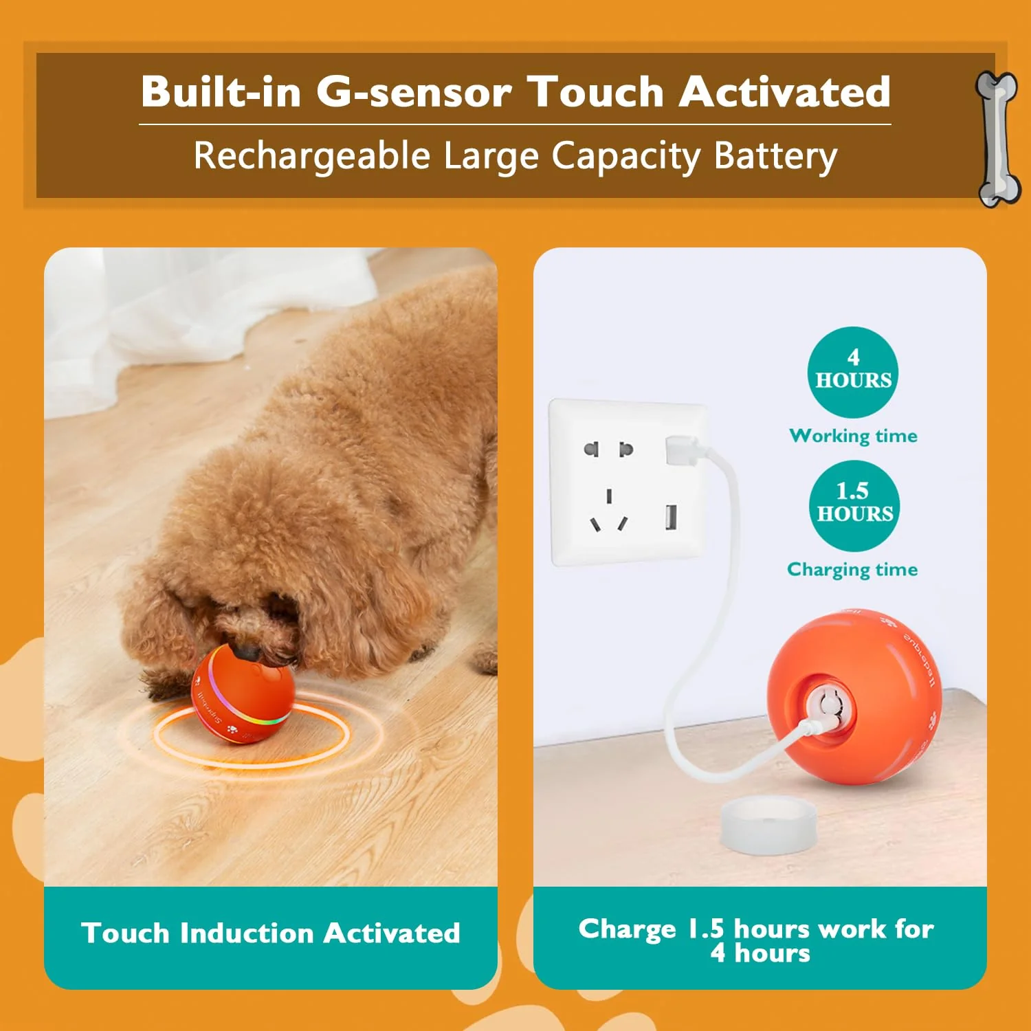 PetDroid Interactive Dog Toys Dog Ball, [Newly Upgraded] Durable Motion Activated Automatic Rolling Ball Toys for/Small/Medium/Large Dogs,USB Rechargeable(Orange) - Image 6