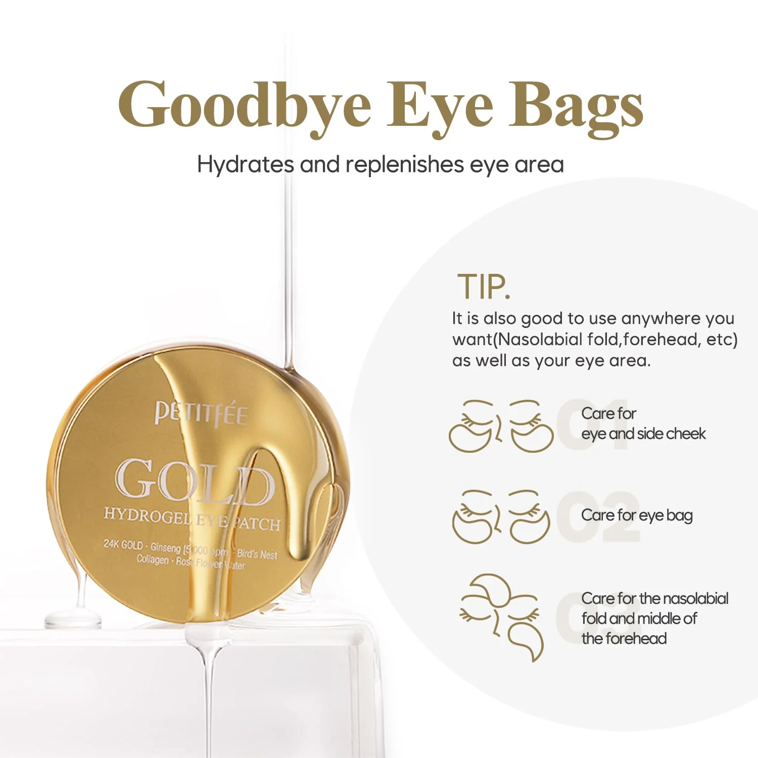 Petitfee Gold Hydrogel Eye Patch 60ea (30pairs) - 24k Gold Eye Mask for Moisturizing, Glowy Skin, Hydrating, Skin Elasticity, Youthful Complexion, Ginseng, Collagen - Image 12