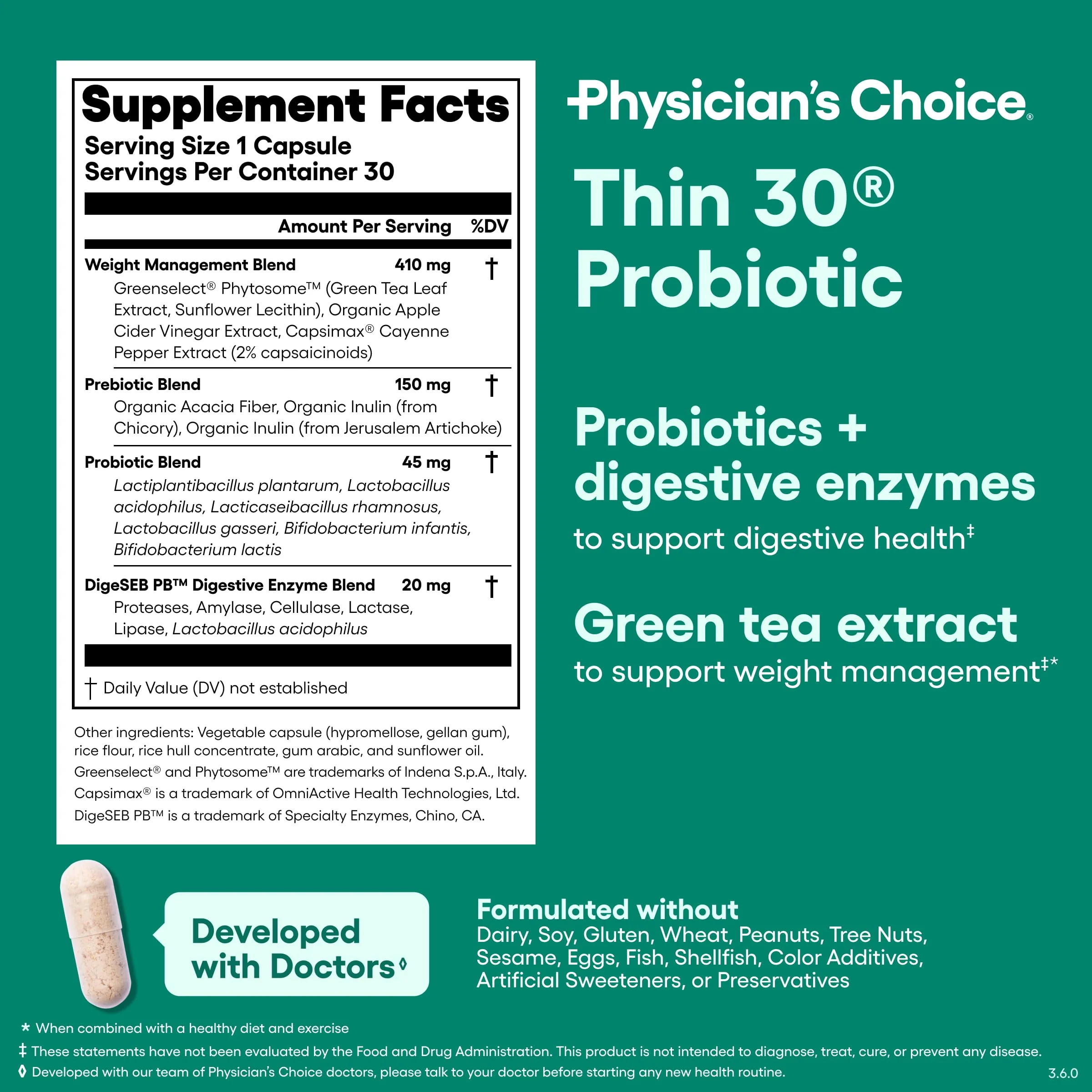 Physician's CHOICE Probiotics for Weight Management & Bloating - 6 Probiotic Strains - Prebiotics - Key ingredient Cayenne - Supports Gut Health - Weight Management for Women & Men - Green Tea - 30 CT - Image 2