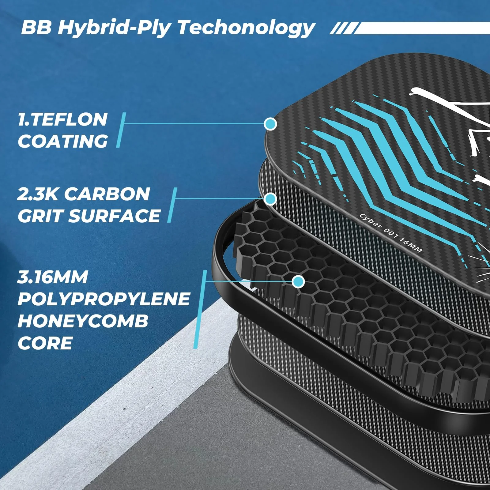 Pickleball Paddles,USAPA,Carbon Fiber Pickleball Paddle with 16MM Polymer Honeycomb Core Provides Lighter Weight&Higher Grit&Spin,Engineered for Professional Players,BlueBean (Light Blue) - Image 4