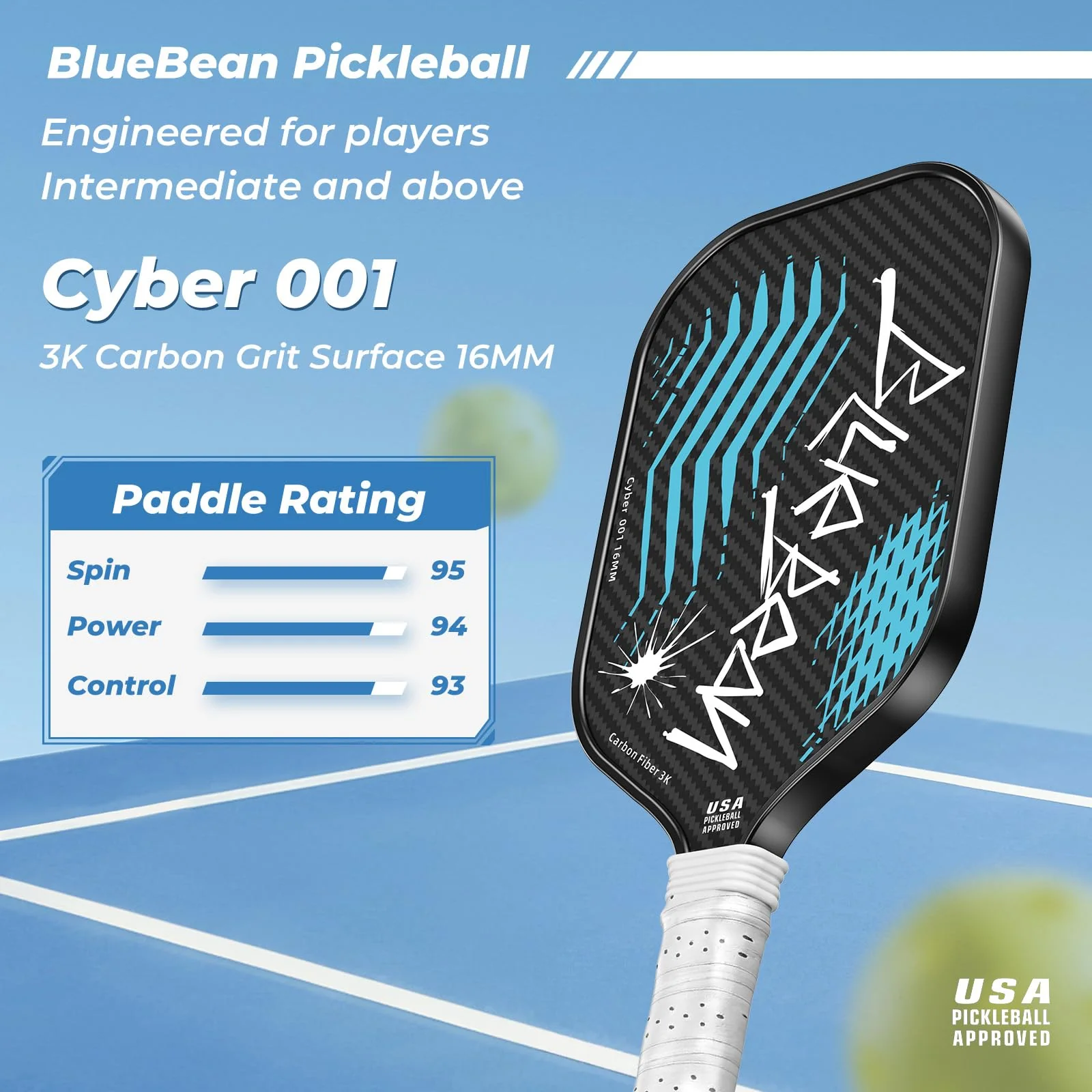 Pickleball Paddles,USAPA,Carbon Fiber Pickleball Paddle with 16MM Polymer Honeycomb Core Provides Lighter Weight&Higher Grit&Spin,Engineered for Professional Players,BlueBean (Light Blue) - Image 7