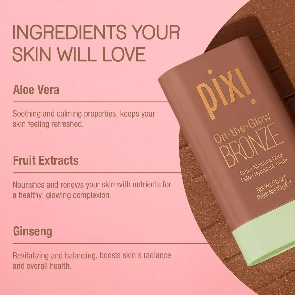 Pixi On-the-Glow Bronze - BeachGlow, Hydrating Tinted Moisture Bronzer Stick with Ginseng, Aloe Vera & Fruit Extracts, For Cheeks & Lips, 19g / 0.6oz, Paraben-Free - Image 6