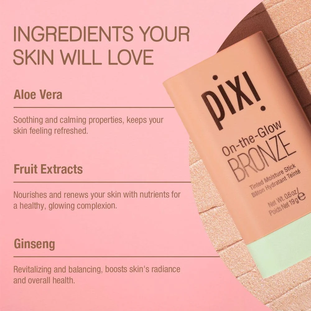 Pixi On-the-Glow Bronze - SoftGlow, Hydrating Tinted Moisture Bronzer Stick with Ginseng, Aloe Vera & Fruit Extracts, For Cheeks & Lips, 19g / 0.6oz, Paraben-Free - Image 6