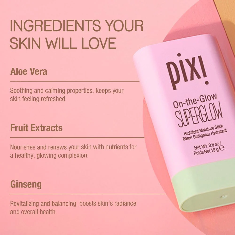 Pixi On-the-Glow SuperGlow | Shade PetalDew | Hydrating Highlighter Stick with Ginseng, Aloe Vera & Fruit Extracts | For Cheeks & Brow Bones | 19g / 0.6oz | Paraben-Free Luminous Natural Highlight - Image 6