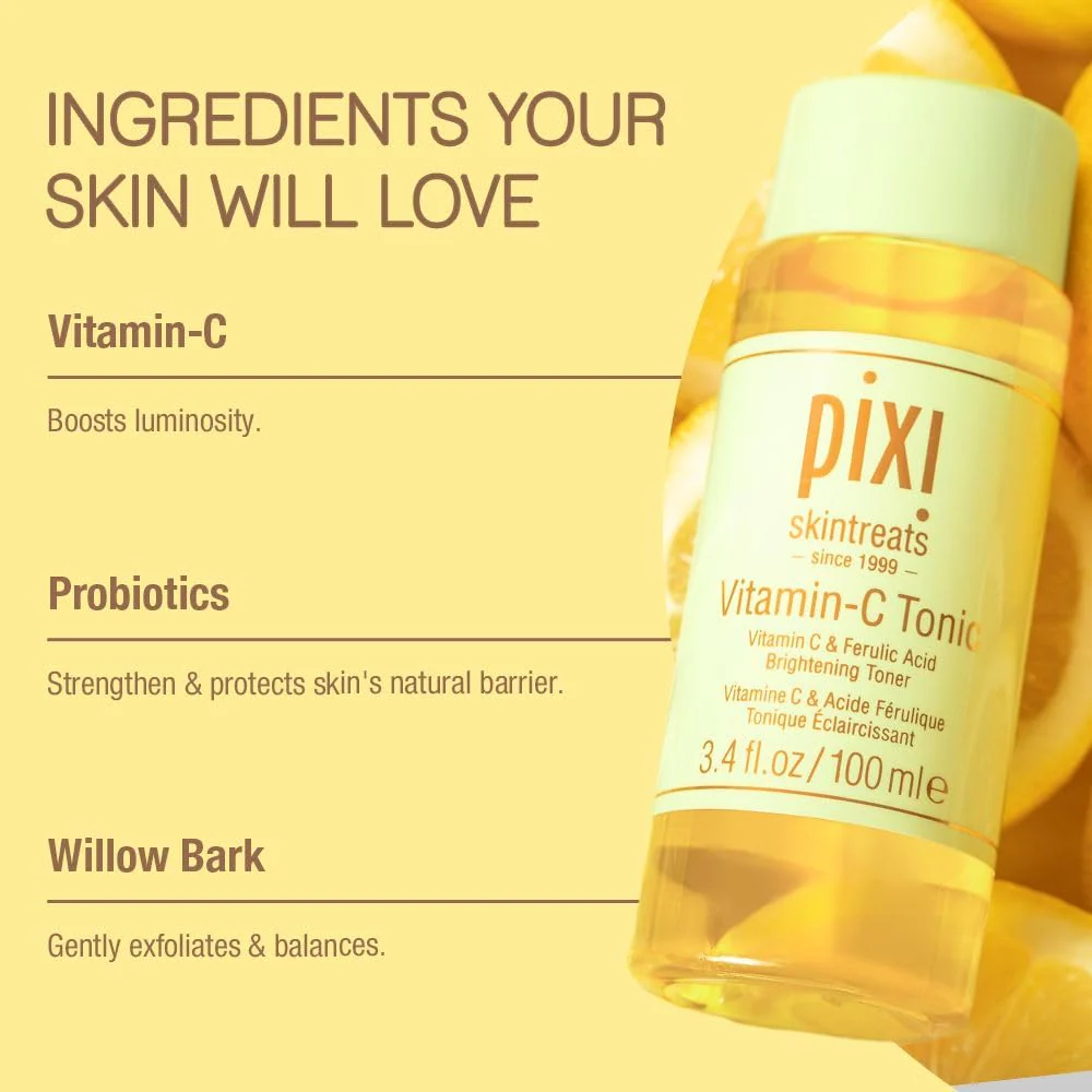Pixi Vitamin-C Tonic,Brightening & Soothing Facial Toner, Boost Skin Luminosity, Infused with Vitamin-C & Ferulic Acid, Alcohol Free Daily Toner, 100ml / 3.4fl oz Travel Size Skin Care - Image 6