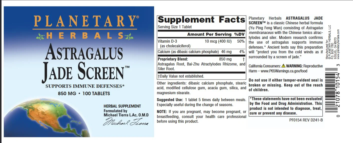 Planetary Herbals Astragalus Jade Screen 850mg, Supports Immune Defenses* - 100 Tablets - Image 3
