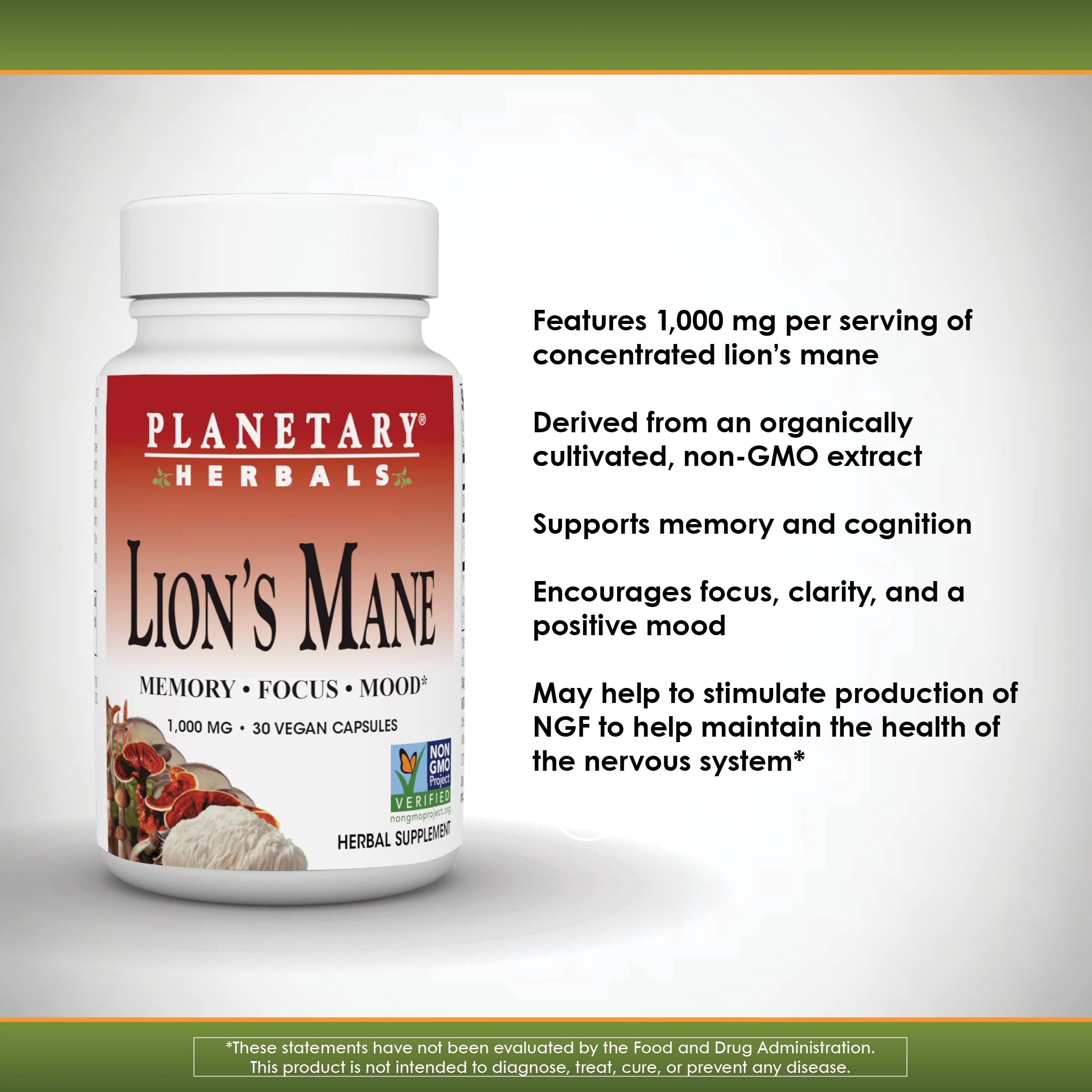 Planetary Herbals Lion's Mane, for Memory, Focus, and Mood*, 1,000 mg - 30 Vegan Capsules - Image 3