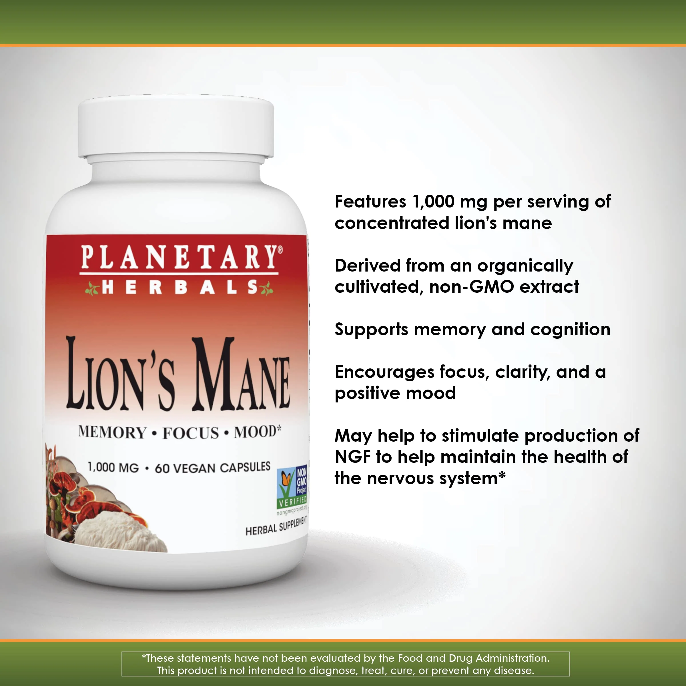 Planetary Herbals Lion's Mane, for Memory, Focus, and Mood*, 1,000 mg - 60 Vegan Capsules - Image 3