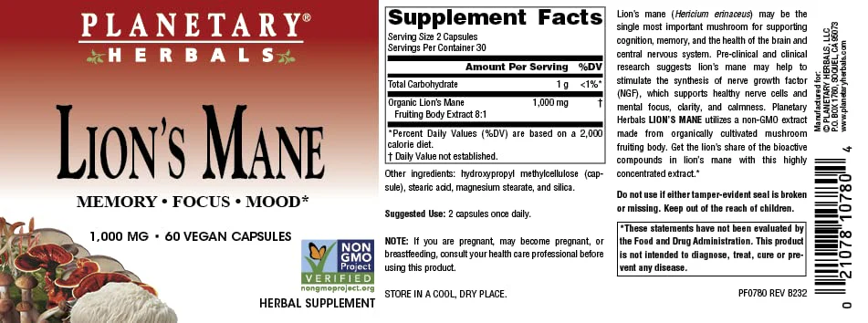 Planetary Herbals Lion's Mane, for Memory, Focus, and Mood*, 1,000 mg - 60 Vegan Capsules - Image 7