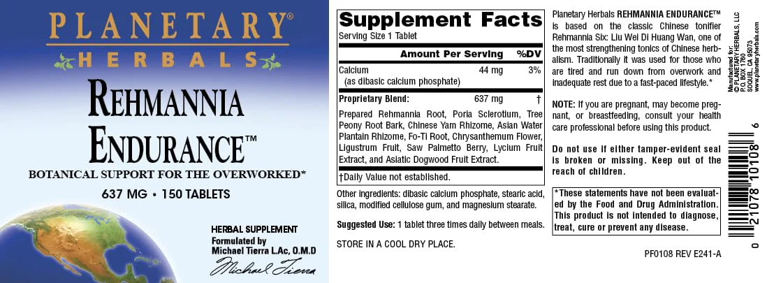 Planetary Herbals Rehmannia Endurance, Botanical Support for The Overworked*, 637mg - 150 Tablets - Image 3