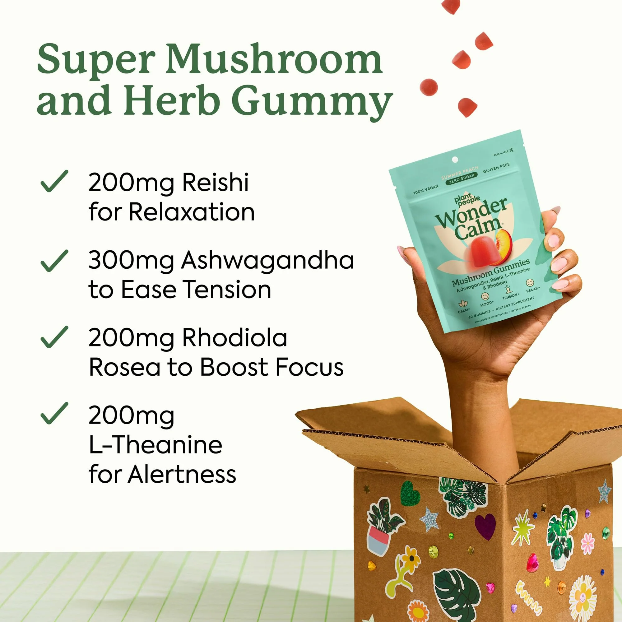 Plant People WonderCalm Mushroom Gummies - Natural Ashwagandha Supplement to Ease Stress & Boost Mood for Adults Without Sugar, Gluten or Artificial Colors, Vegan-Friendly, Peach Flavor, 60 Count - Image 2