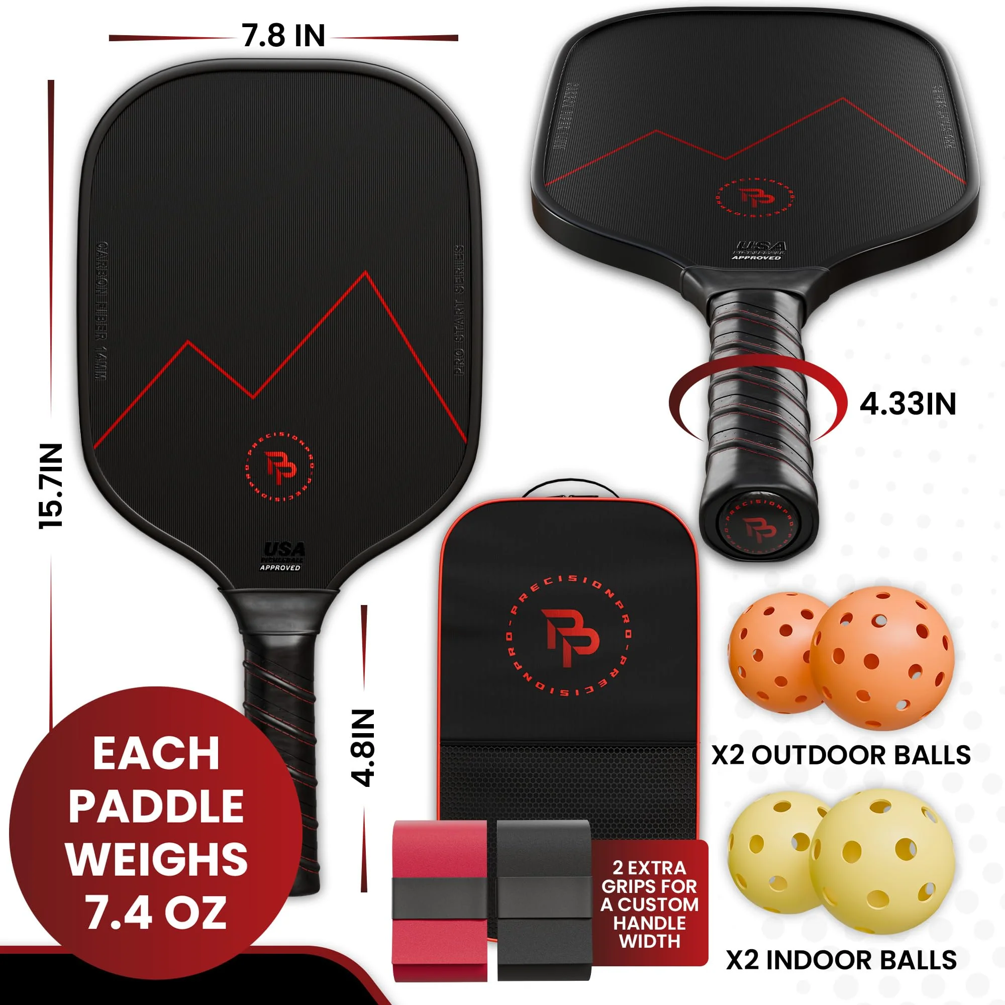 Precision Pro Premium T700 Carbon Fiber Pickleball Paddle- 14mm Pickleball Paddles Set of 2 w/Unique Design Handles & Indoor Outdoor Pickleball Balls - Comfortable Pickleball Paddle Grip, USA Approved - Image 6