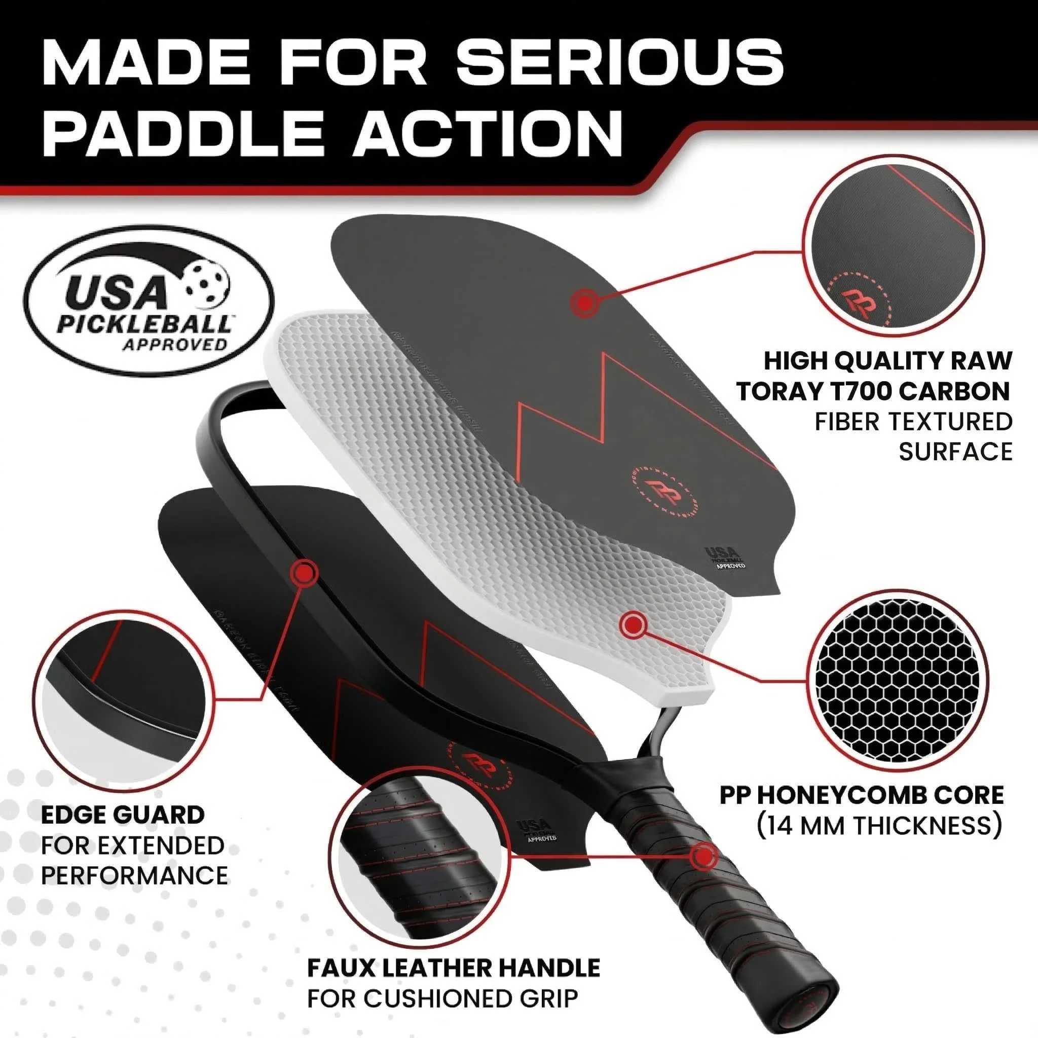 Precision Pro Premium T700 Carbon Fiber Pickleball Paddle- 14mm Pickleball Paddles Set of 2 w/Unique Design Handles & Indoor Outdoor Pickleball Balls - Comfortable Pickleball Paddle Grip, USA Approved - Image 8