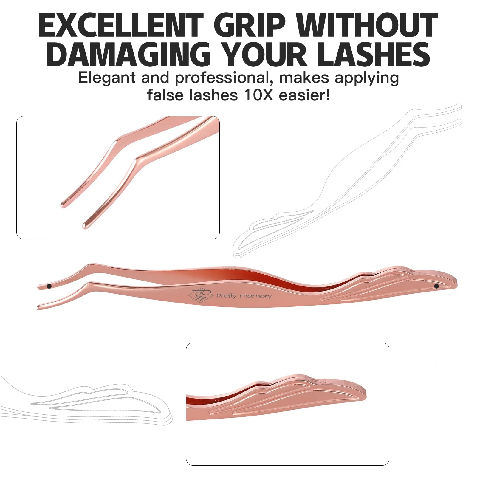 Pretty memory Eyelash Applicator Tool Stainless Steel Lash Tweezers Curved Eyelash Tweezers for Easy Lash Application and Removal, Rose Gold - Image 4