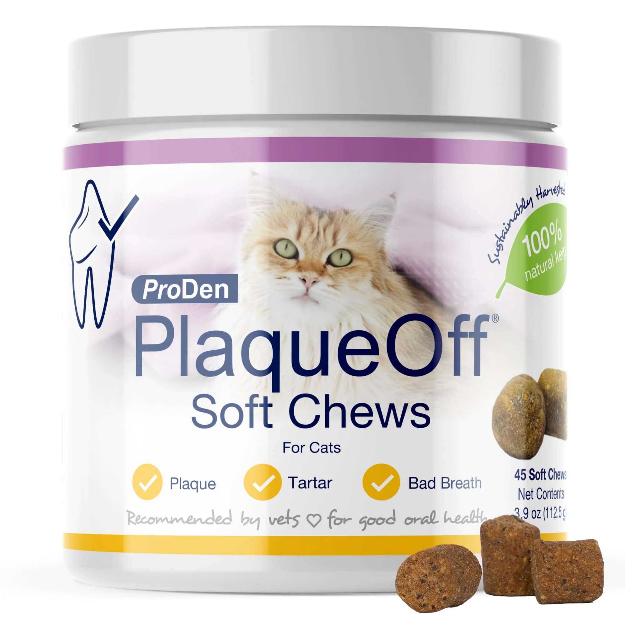 ProDen PlaqueOff Soft Chews with Natural Kelp - for All Breed Cats - Supports Normal, Healthy Teeth, Gums, and Breath Odor in Cats - 45 Soft Chews