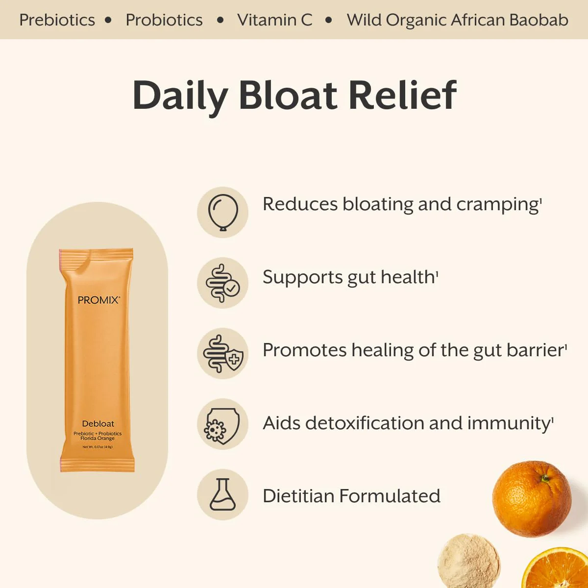 ProMix Nutrition Debloat Prebiotics and Probiotics with Baobab - Rich in Vitamin C, Bloating Relief, Immune Support - Orange - 30 Servings (Pack of 30) - Image 6