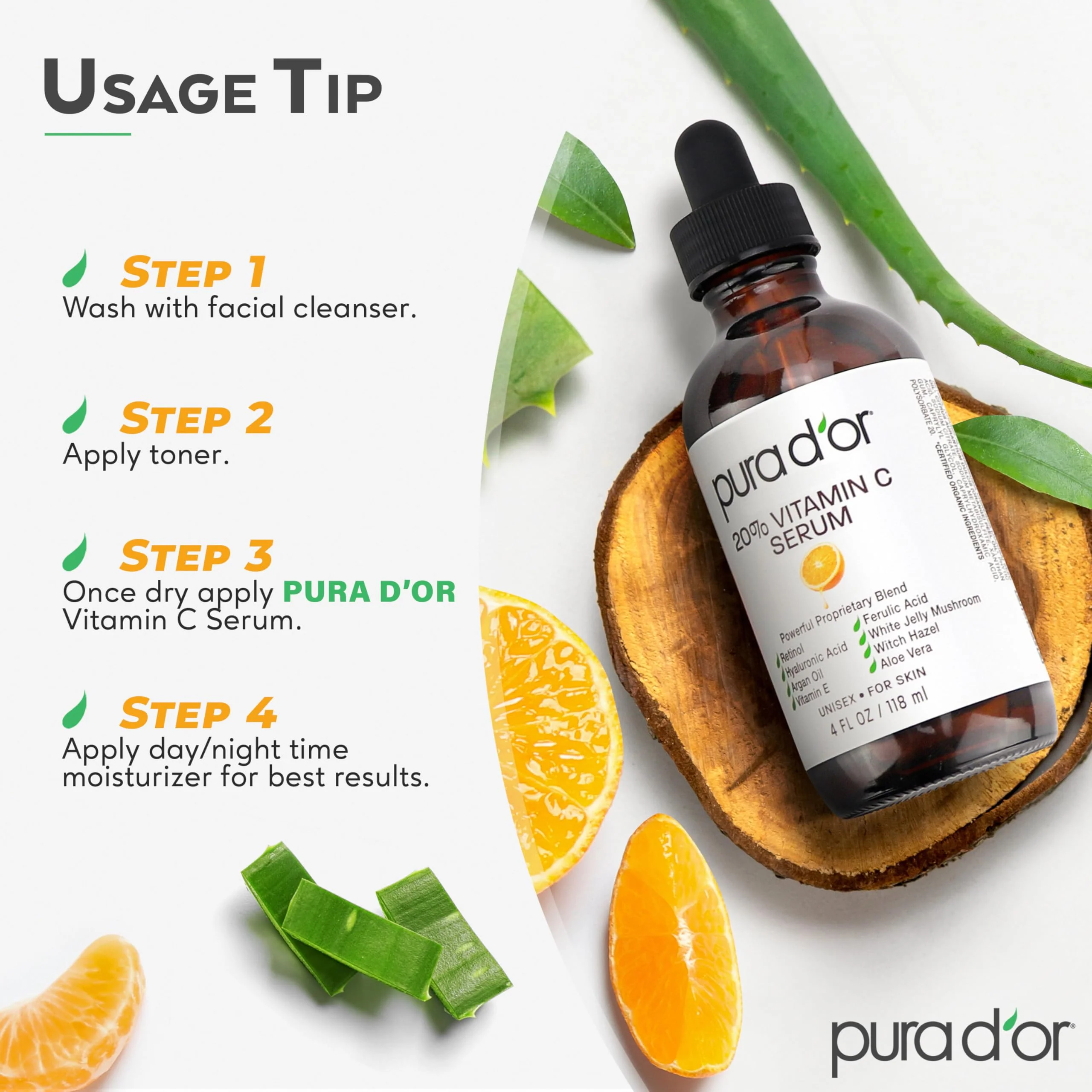 PURA D'OR 20% Vitamin C Facial Serum 4 Oz - Antioxidant Blend with Retinol, Hyaluronic Acid, Vitamin E & Ferulic Acid - Hydrating Lightweight Skincare Formula - Men and Women Daily Use Skin Care Plus - Image 3