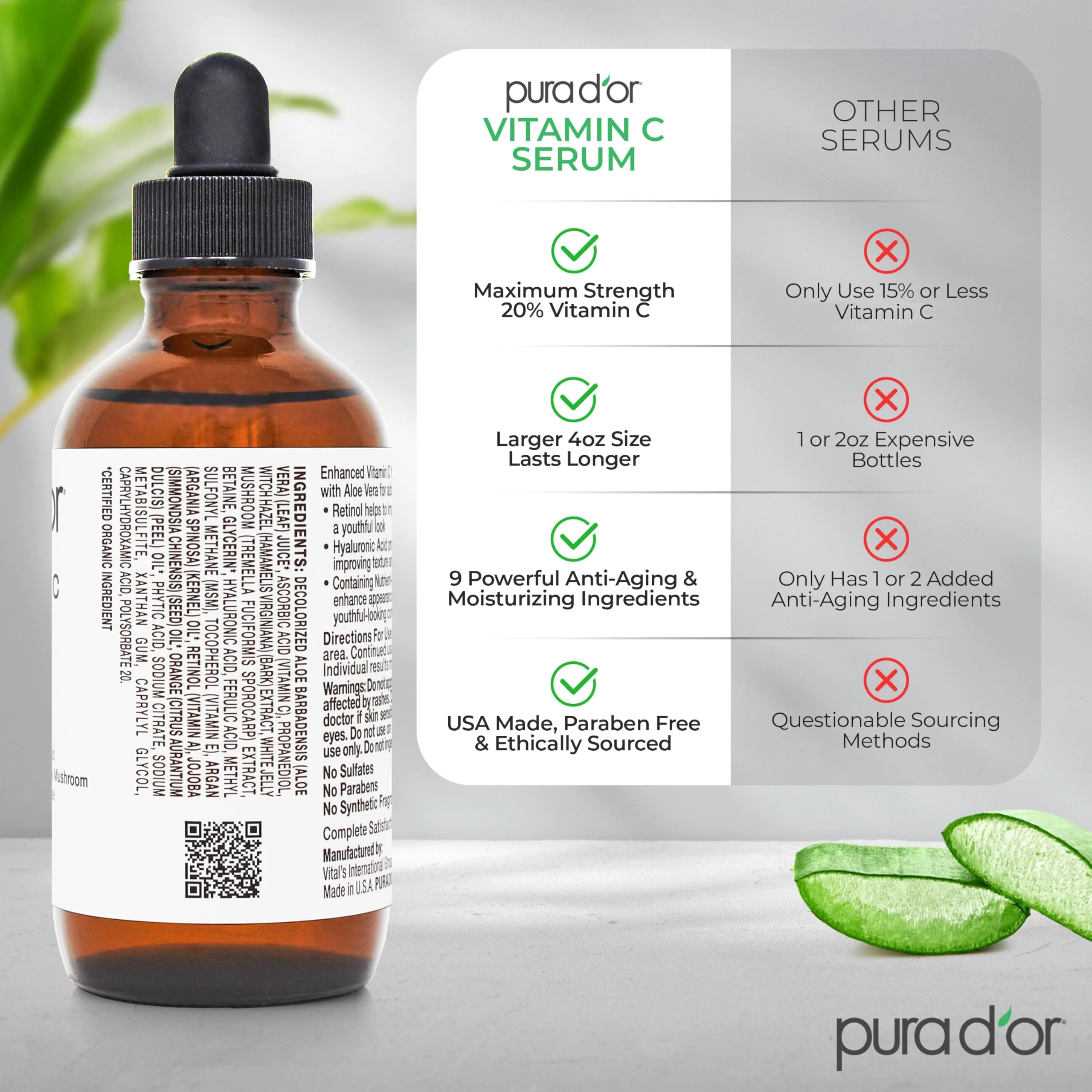PURA D'OR 20% Vitamin C Facial Serum 4 Oz - Antioxidant Blend with Retinol, Hyaluronic Acid, Vitamin E & Ferulic Acid - Hydrating Lightweight Skincare Formula - Men and Women Daily Use Skin Care Plus - Image 4