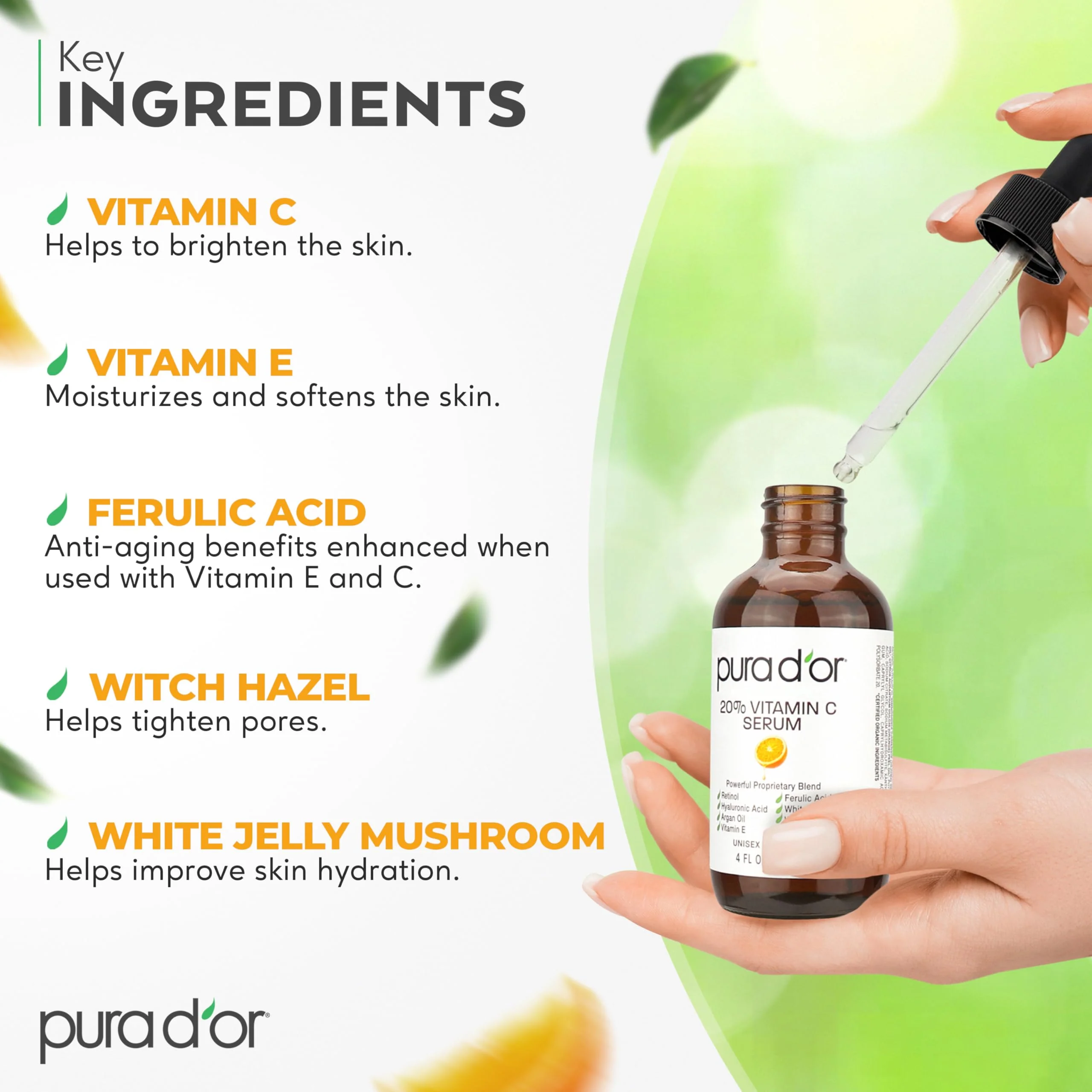 PURA D'OR 20% Vitamin C Facial Serum 4 Oz - Antioxidant Blend with Retinol, Hyaluronic Acid, Vitamin E & Ferulic Acid - Hydrating Lightweight Skincare Formula - Men and Women Daily Use Skin Care Plus - Image 5
