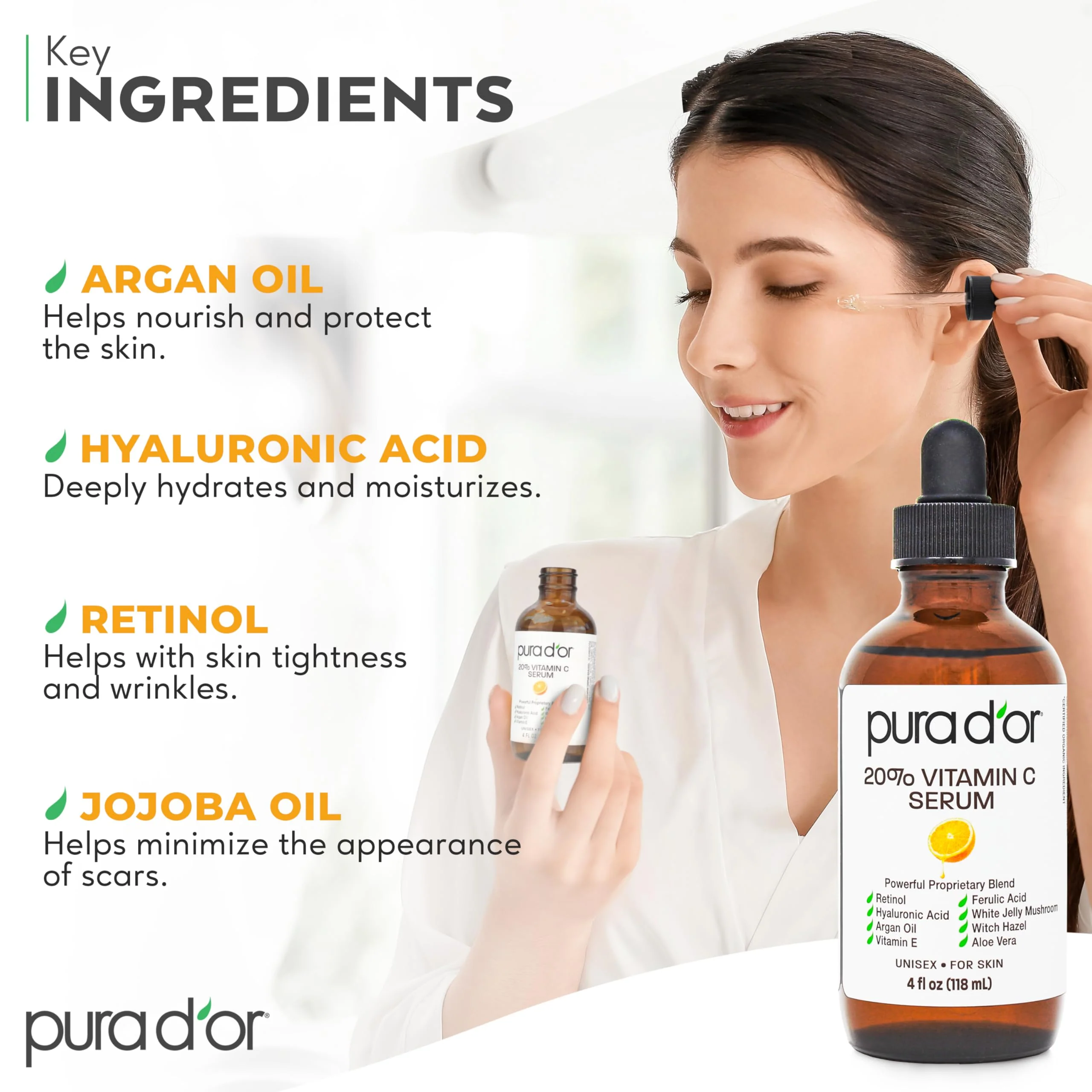PURA D'OR 20% Vitamin C Facial Serum 4 Oz - Antioxidant Blend with Retinol, Hyaluronic Acid, Vitamin E & Ferulic Acid - Hydrating Lightweight Skincare Formula - Men and Women Daily Use Skin Care Plus - Image 6