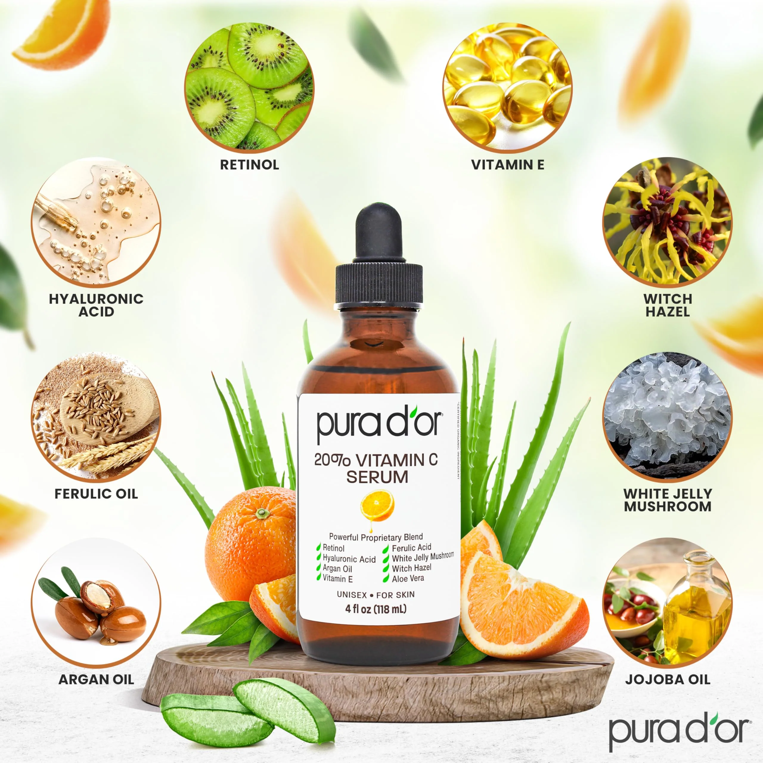 PURA D'OR 20% Vitamin C Facial Serum 4 Oz - Antioxidant Blend with Retinol, Hyaluronic Acid, Vitamin E & Ferulic Acid - Hydrating Lightweight Skincare Formula - Men and Women Daily Use Skin Care Plus - Image 7