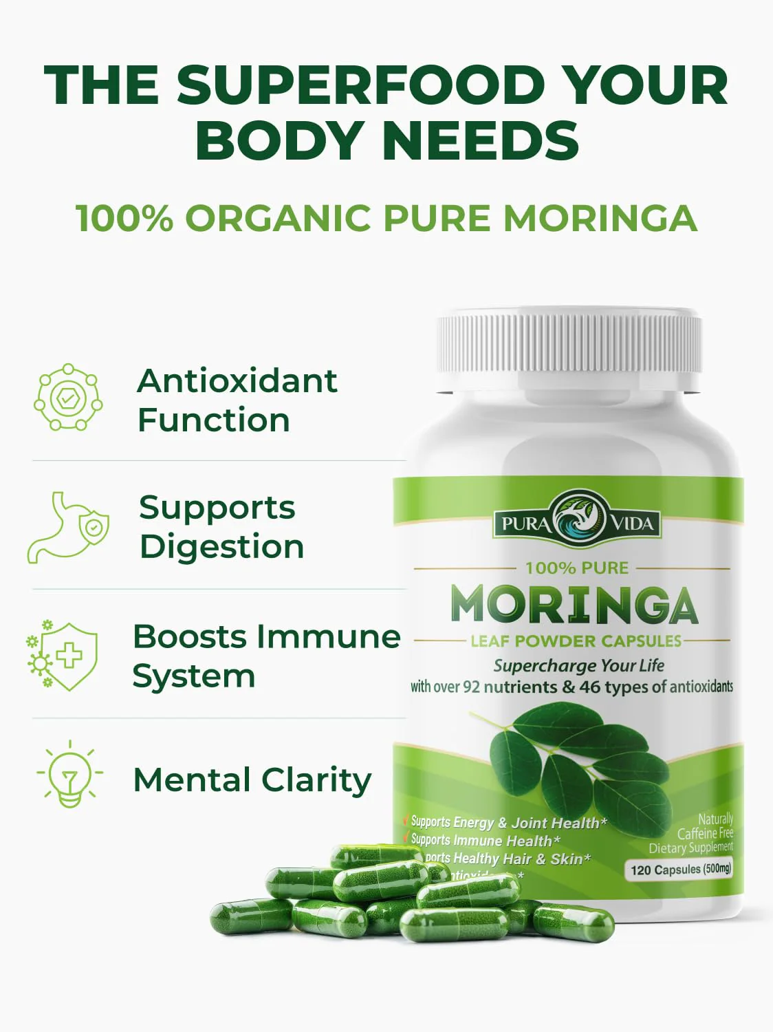 PURA VIDA MORINGA Organic Moringa Capsules, Pure Moringa Leaf Powder Single Origin for Energy, Metabolism & Immune Support, 120ct, 500mg Caps - Image 4