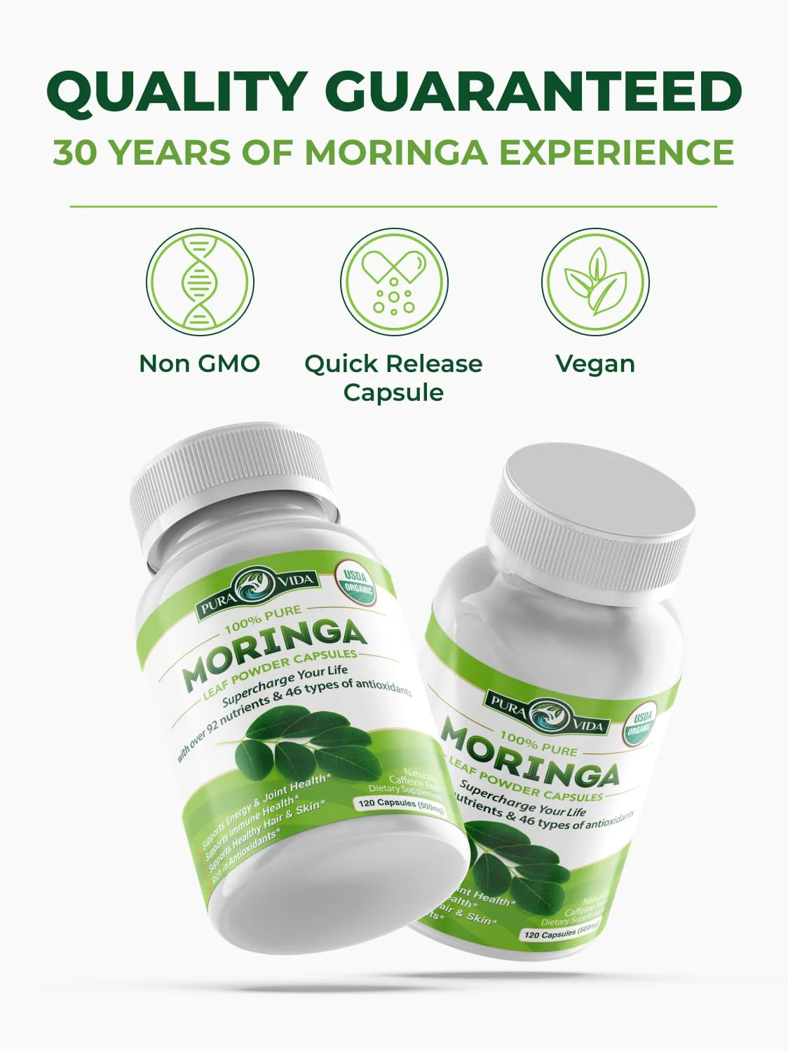 PURA VIDA MORINGA Organic Moringa Capsules, Pure Moringa Leaf Powder Single Origin for Energy, Metabolism & Immune Support, 120ct, 500mg Caps - Image 5