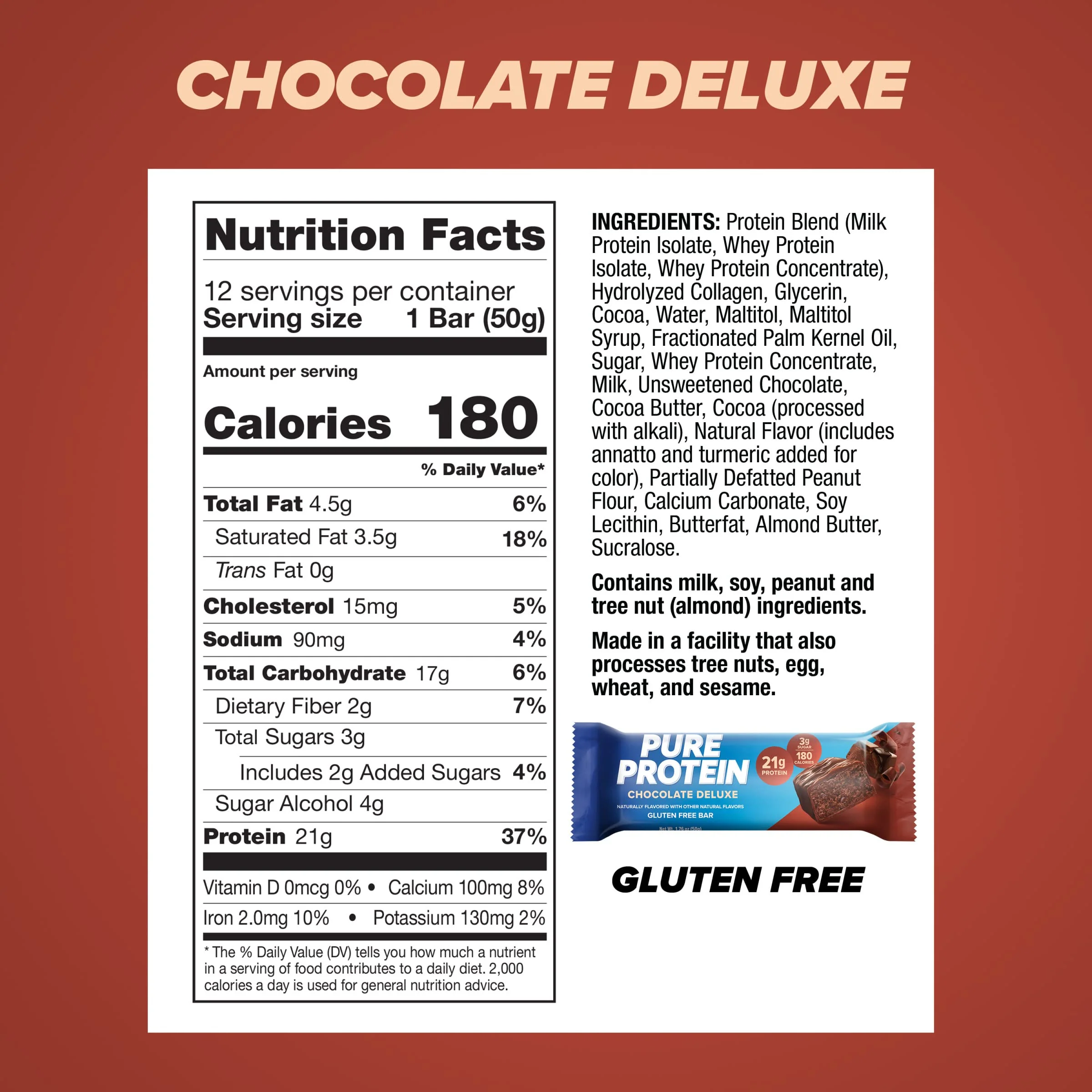 Pure Protein Chocolate Deluxe Protein Bars – 21g Protein, 3g Sugar, 190 Calories (12 count) Low Sugar* High Protein Snack - Gluten Free - Perfect for a Healthy Snack - Image 6