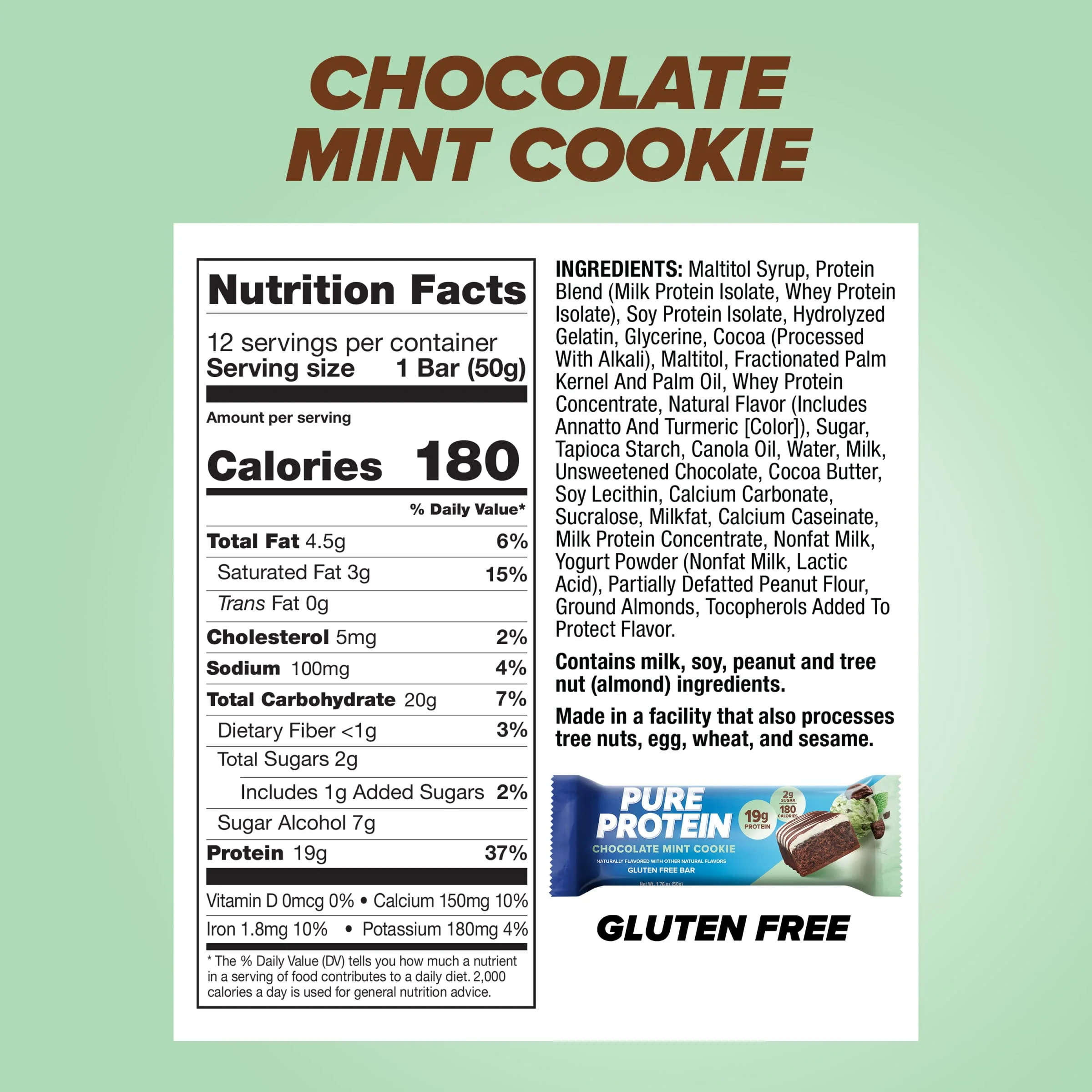 Pure Protein Chocolate Mint Cookie Protein Bars – 20g Protein, 3g Sugar, 190 Calories (12 count) Low Sugar* High Protein Snack - Gluten Free - Perfect for a Healthy Snack - Image 6