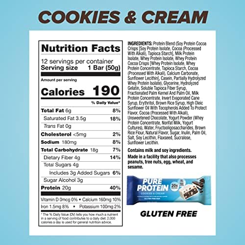 Pure Protein Cookies And Cream Protein Bars – 20g Protein, 3g Sugar, 190 Calories (12 count) Low Sugar* High Protein Snack - Gluten Free - Perfect for a Healthy Snack - Image 5