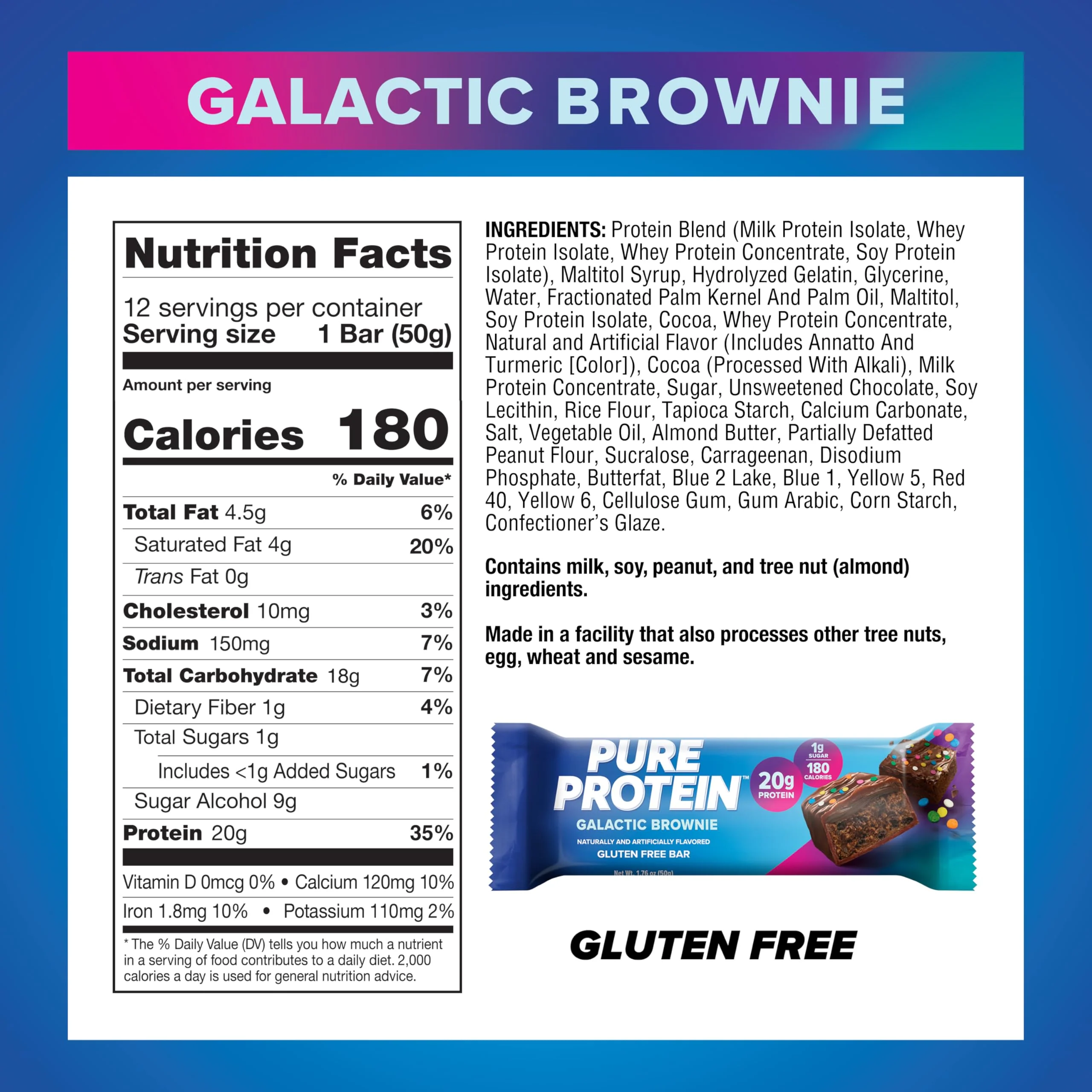 Pure Protein Galactic Brownie Protein Bars – 20g Protein, 3g Sugar, 190 Calories (12 count) Low Sugar* High Protein Snack - Gluten Free - Perfect for a Healthy Snack - Image 5