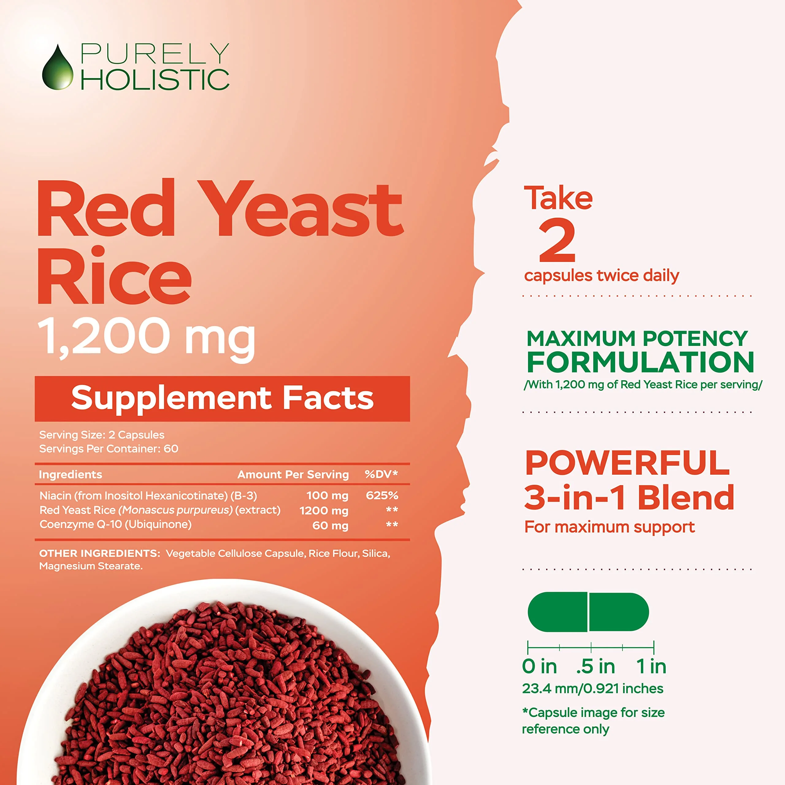 Purely Holistic Red Yeast Rice 1200mg with CoQ10 Supplement & Flush Free Niacin 120 Extra Strength Vegetarian Capsules – Advanced Healthy Heart Formula - Non-Irradiated, Citrinin Free - Image 4