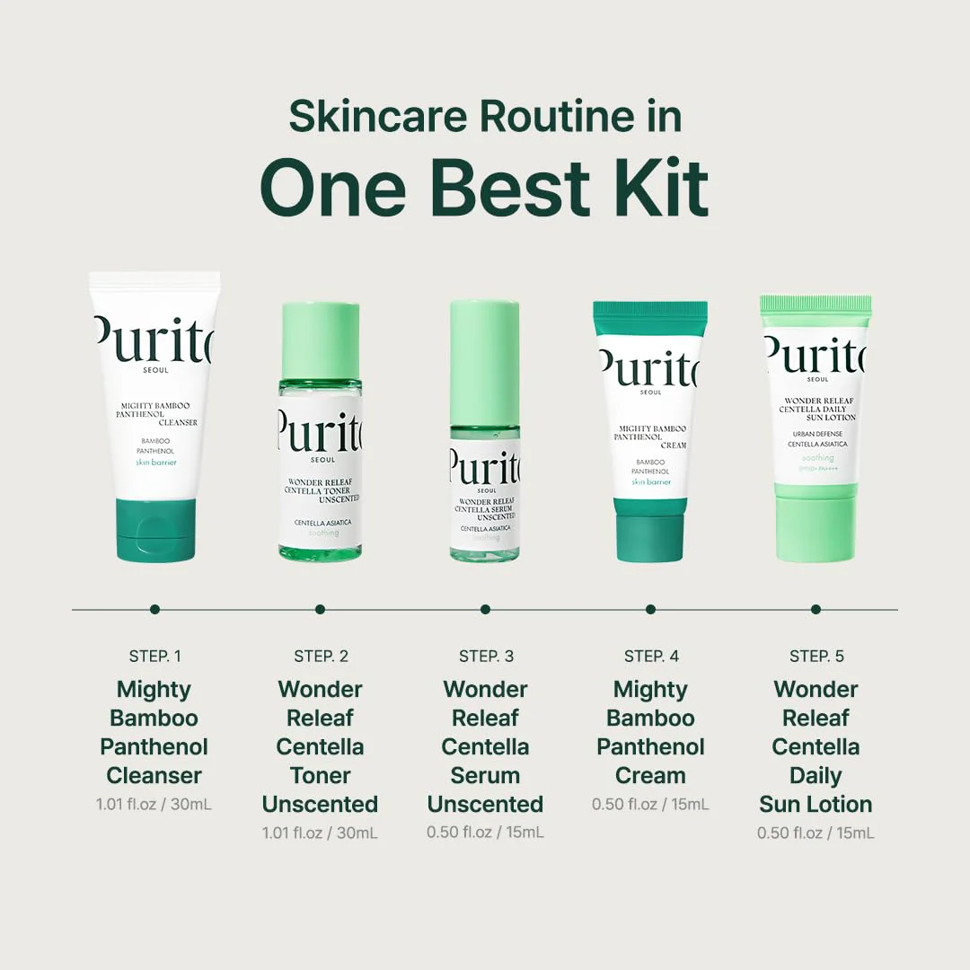 PURITO SEOUL Best Kit - Skincare Routine with Panthenol Cleanser & Cream, Unscented Centella Serum & Toner, For All Skin Types, Gift Set, For Face, Facial Serum, K-Beauty, 3.52 fl. oz. - Image 2